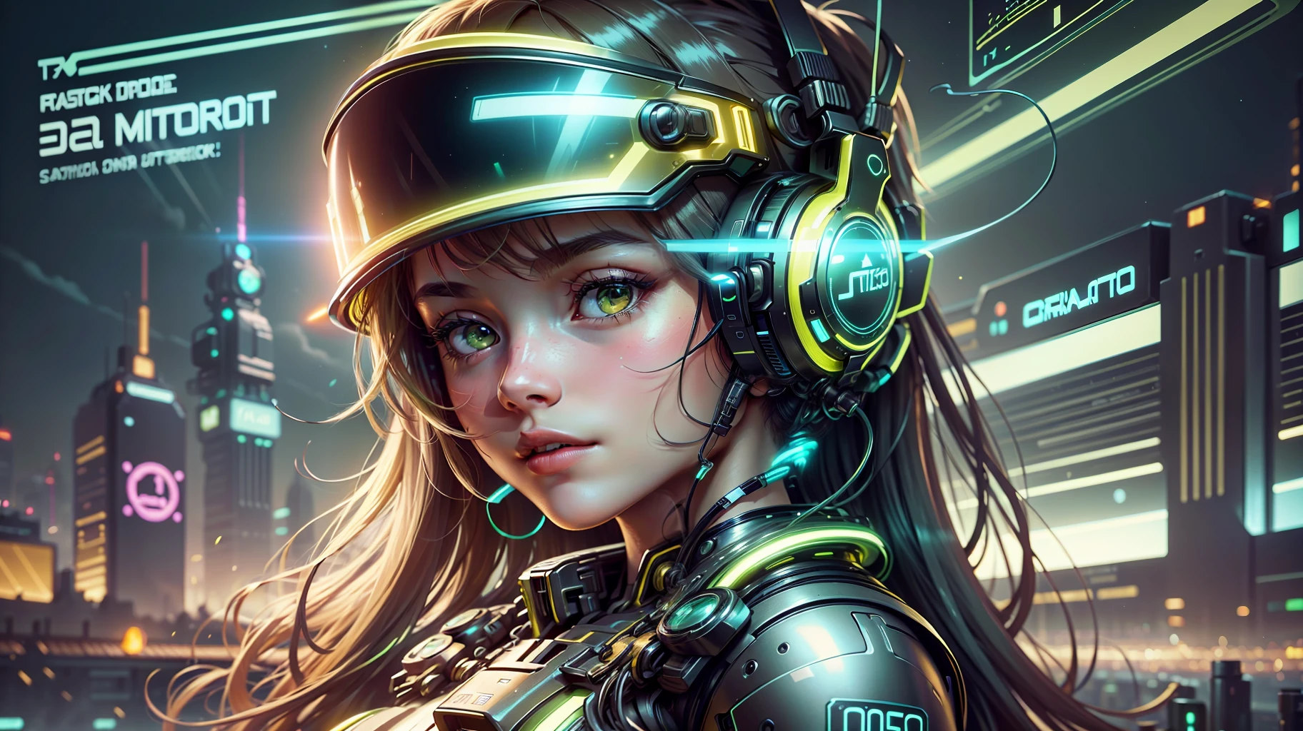 The highest image quality, striking details, ultra-high resolution, (realism: 1.4), the best illustration, favorable details, highly condensed 1girl, with a delicate and beautiful face, dressed in a yellow and green lock, wearing a mecha helmet, con audifono dj style, the background is a high-tech neon lighting scene of the city of the future. --auto --s2