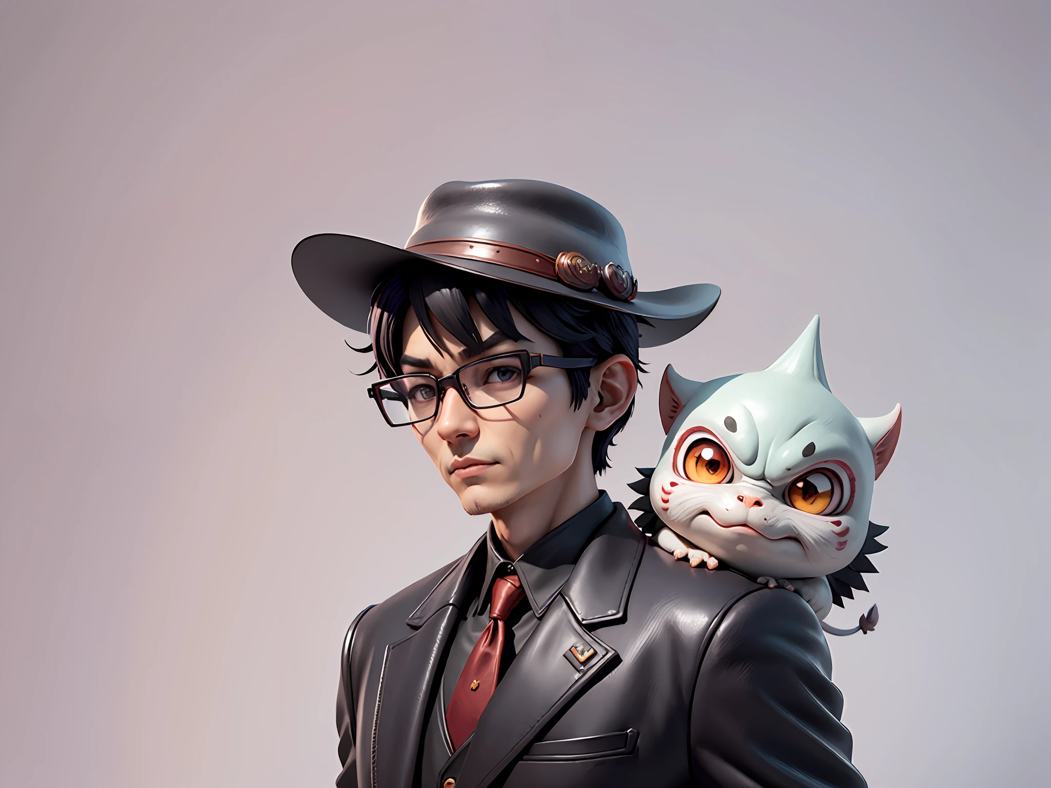 Young man with oriental face in leather hat, dragon, formal suit, short black hair, silver glasses, digital painting, 3D character design by Mark Clairedon and Pixar and Hayao Miyazaki and Akira Toriyama, the illustration is a high-definition illustration in 4K resolution with very detailed facial features and cartoon-style visuals.