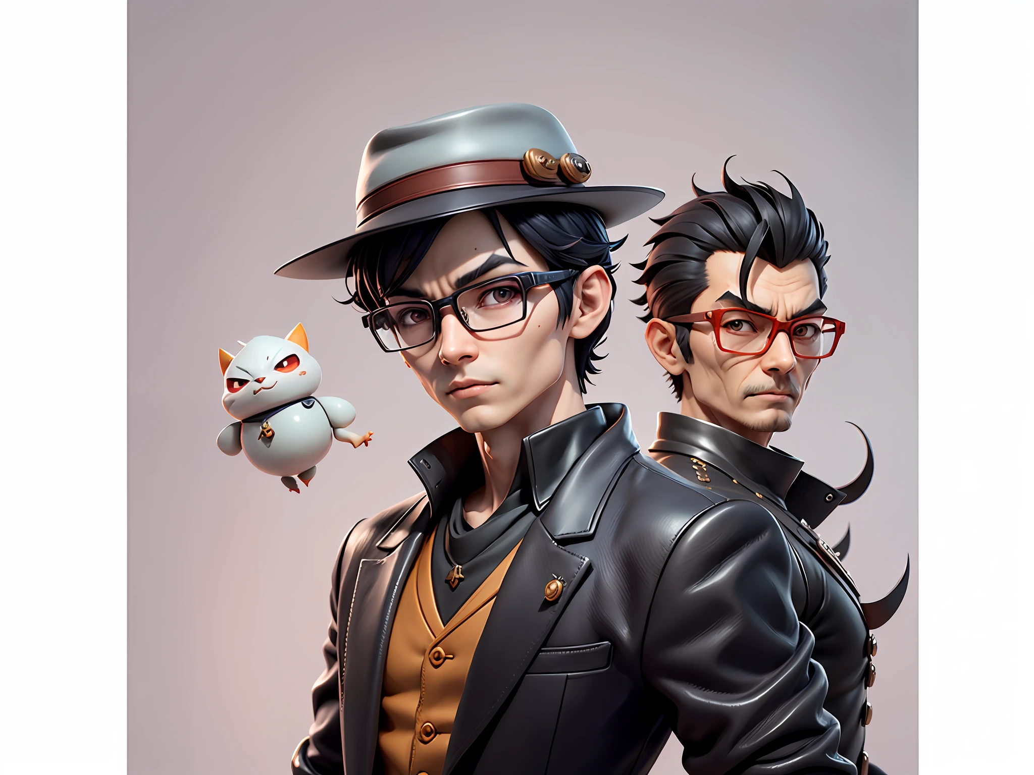 Young man with oriental face in leather hat, dragon, formal suit, short black hair, silver glasses, digital painting, 3D character design by Mark Clairedon and Pixar and Hayao Miyazaki and Akira Toriyama, the illustration is a high-definition illustration in 4K resolution with very detailed facial features and cartoon-style visuals.