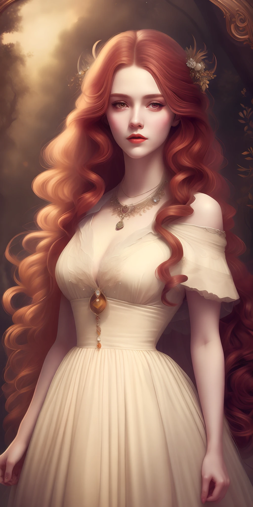 a woman with long curly hair wearing a dress and necklace, beautiful fantasy art portrait, beautiful maiden, hyperrealistic fantasy art, beautiful fantasy portrait, fantasy victorian art, beautiful fantasy maiden, fantasy art portrait, beautiful fantasy art, fantasy portrait art, tom bagshaw artstyle, fantasy woman, artstyle tom bagshaw, fantasy portrait, in style of wlop