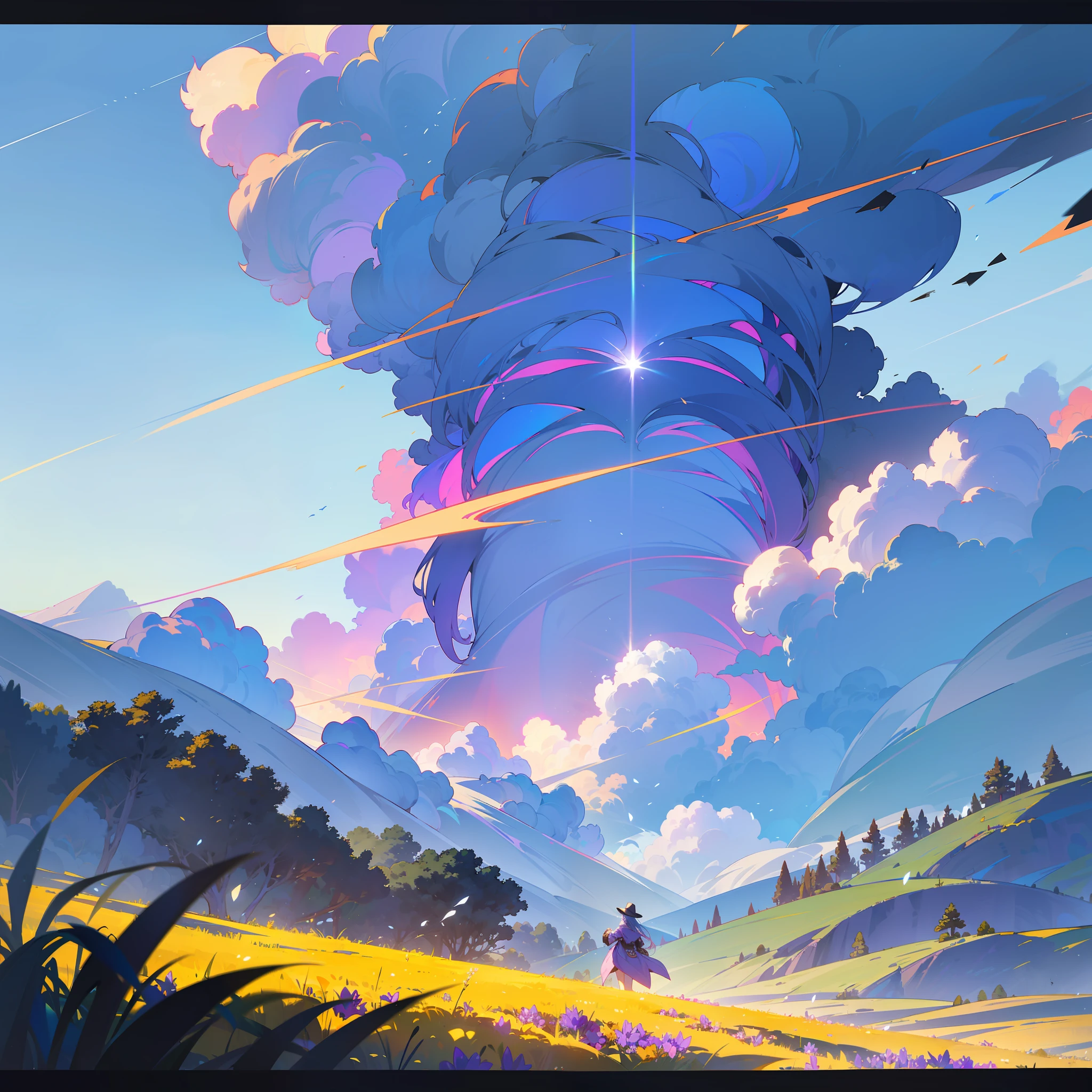 expansive landscape photograph , (a view from below that shows sky above and open field below), a girl standing on flower field looking up, bright sunny day (clouds:1.2), distant mountain, tree BREAK
production art, lot of purple and orange, intricate details, volumetric lighting, realism BREAK
(masterpiece:1.2), detailed shadows, (best quality), 4k, ultra-detailed, (dynamic composition:1.4), highly detailed, colorful details,( iridescent colors:1.2), (glowing lighting, atmospheric lighting), dreamy, magical, (solo:1.2)