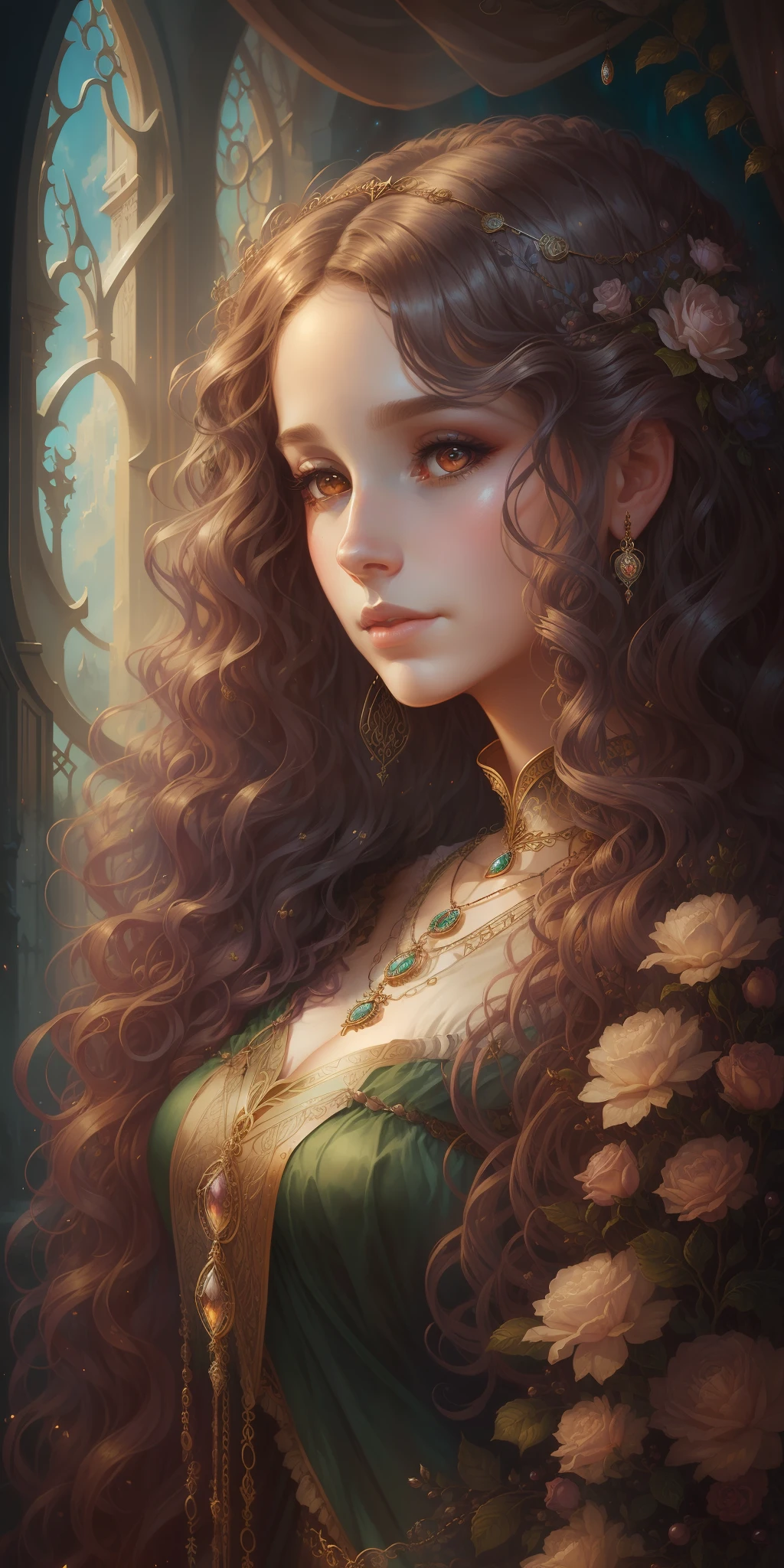 a woman with long curly hair wearing a dress and necklace, beautiful fantasy art portrait, beautiful maiden, hyperrealistic fantasy art, beautiful fantasy portrait, fantasy victorian art, beautiful fantasy maiden, fantasy art portrait, beautiful fantasy art, fantasy portrait art, tom bagshaw artstyle, fantasy woman, artstyle tom bagshaw, fantasy portrait, in style of wlop