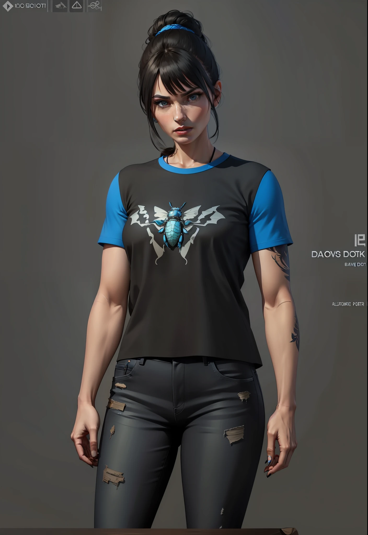 A woman in black shirt and jeans poses for a photo, realistic clothes, highly detailed clothes, realistic clothes, blue jeans. Unreal 5, a T-shirt. blender art, ultra-detailed, upper body avatar, highly detailed upper body, women's clothing, wonderful designer, wonderful designer substance, clothing concept, insect trainer girl, in clothes! highly detailed, beach lighthouse, leaves, dragon tattoo on arm