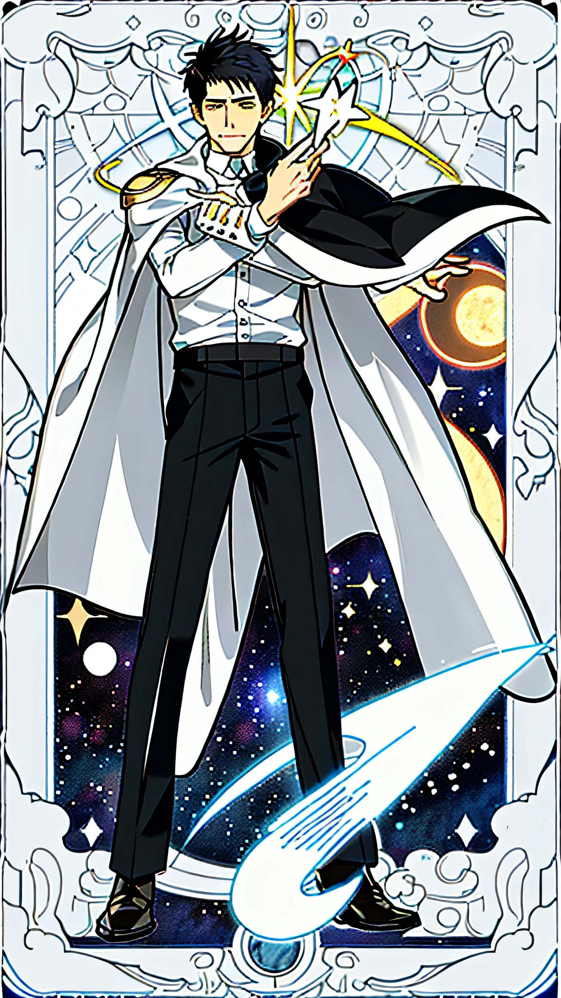 masterpiece, best quality, full body, card, 1 man, eclipse, space, galaxy, short hair, black hair, brush cut, white shirt, standing, white, sun, moon, black, white, buzz cut, bara, muscle, god, magician, cape, halo
