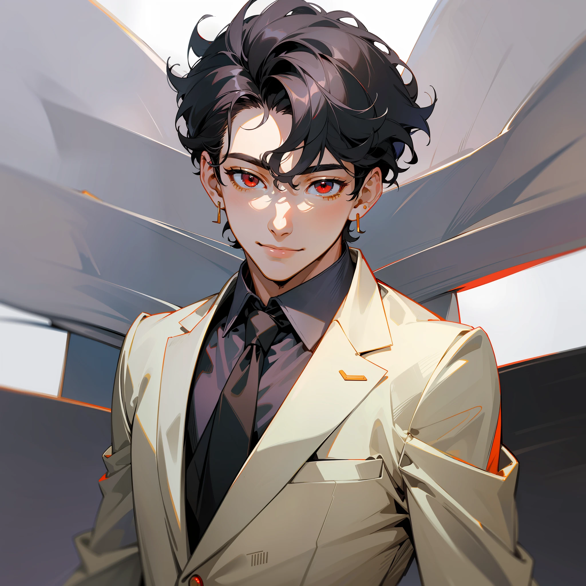 1 boy solo, close-up, determined eyes, business suit, white shirt, tie, pants, short black hair, gray strands, curls, smile, red eyes, formal wear, (light facial features, detailed skin texture, beautiful face), white background, earrings, yellow leather, standing, masterpiece, top quality, best quality