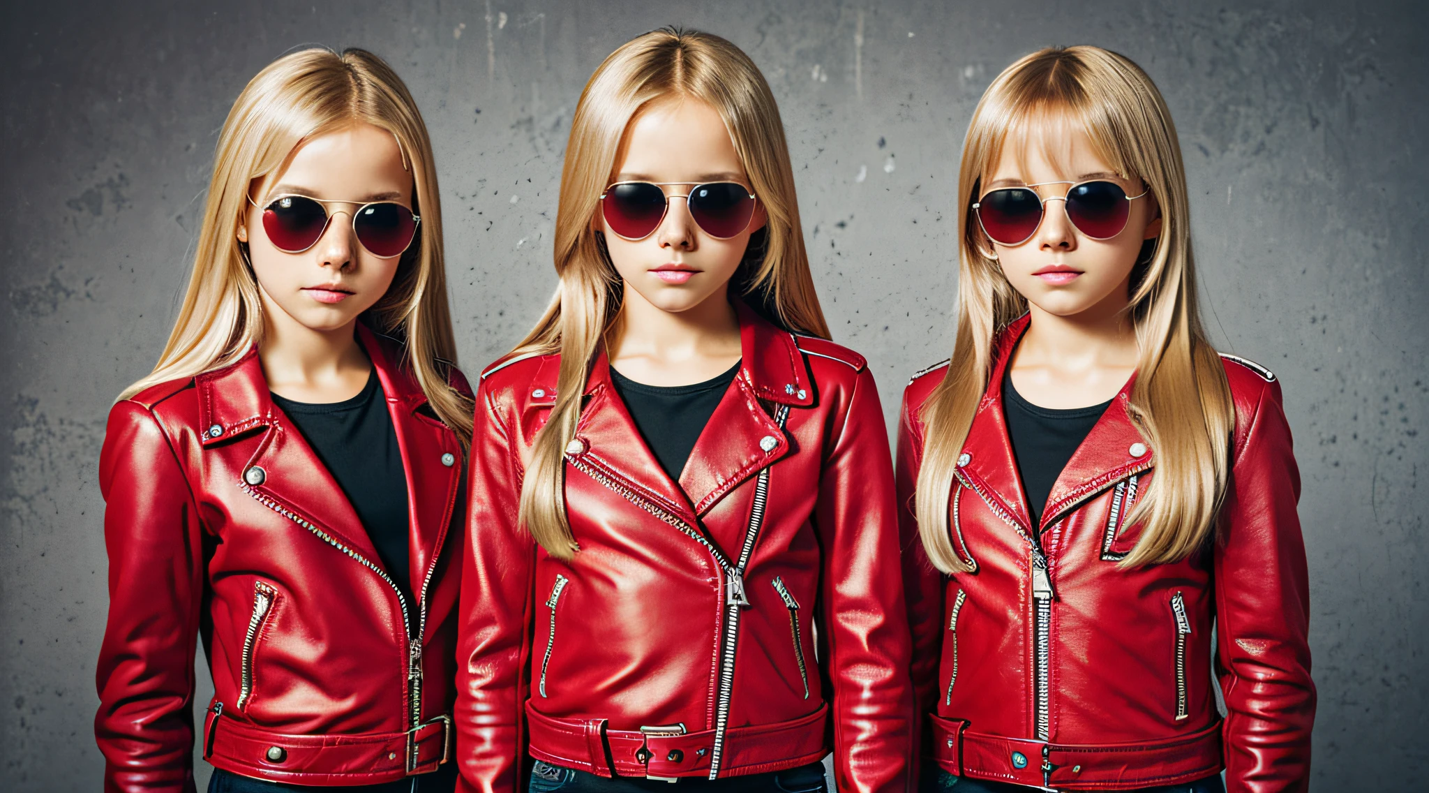 SILVER CROSS BACKGROUND., A half body, portrait of 3 girls German children long blonde hair of 12 years, red leather jackets, sunglasses,
