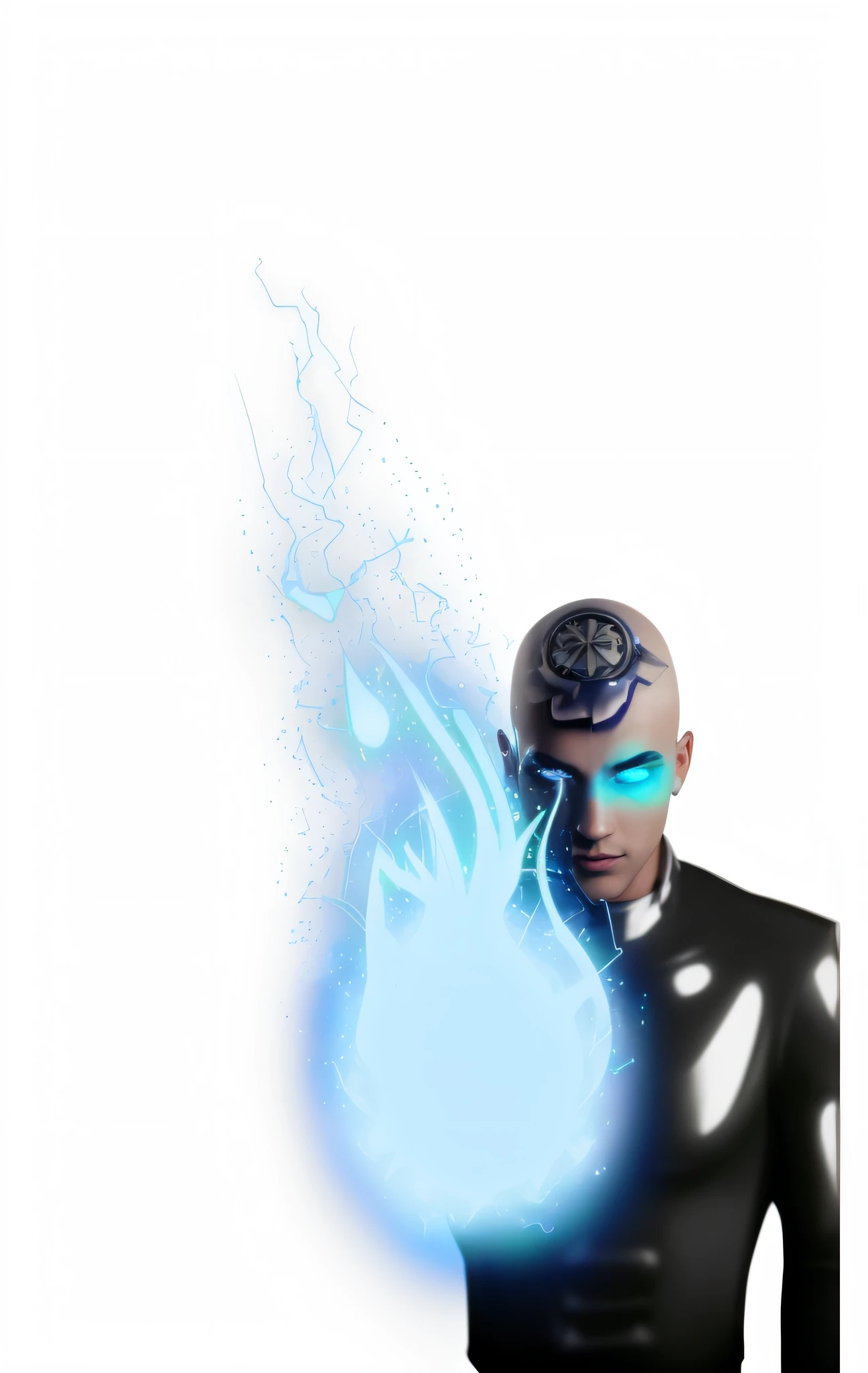 21 year old arafed in a graffiti suit with a bright blue light, aetherpunk airbrush digital art, blue fire powers, emanating with soft blue aura, emerging from blue fire, full portrait of electromancer, aura of reverse dark bright power, aura of electricity, render of quality astral projection, electric aura with particles, bright electric aura,  Detailed glossy head --auto --s2