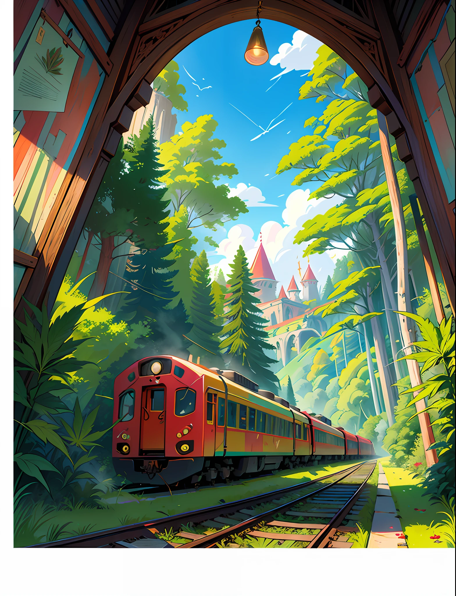 Train Close up (((train))) in love Hemp, leaf, ?????????, ???????? cone, ((illustration)), colorful, wallpaper, energy, secret, magical environment, magical environment, magic wand, pages flying in the sky, omniscience, prediction of the future, understanding the past, frost magic, spells, red hair, long hair, --v 6