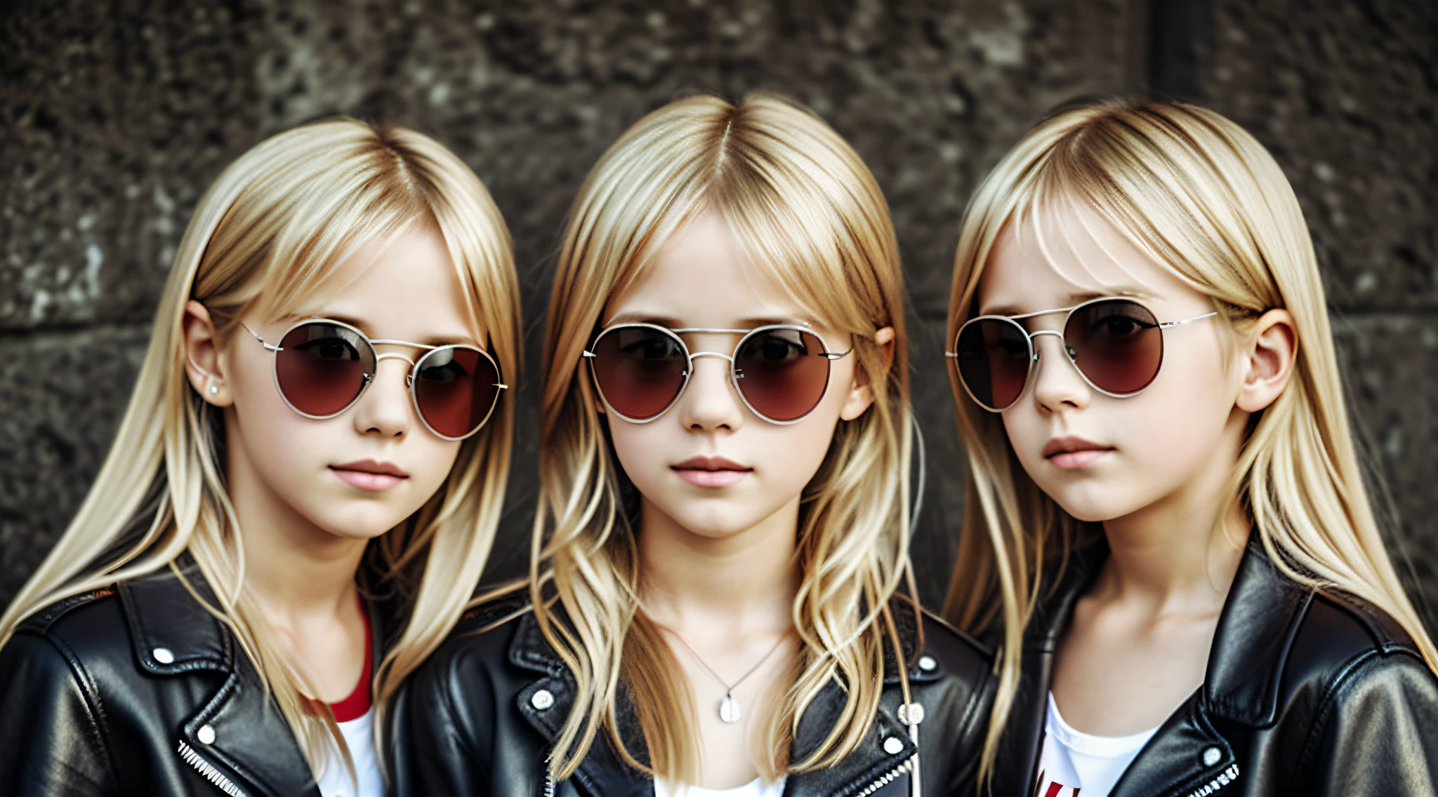 ., A half body, portrait of 3 girls German children long blonde hair of 12 years, red leather jackets WEARING SILVER CROSS, sunglasses,