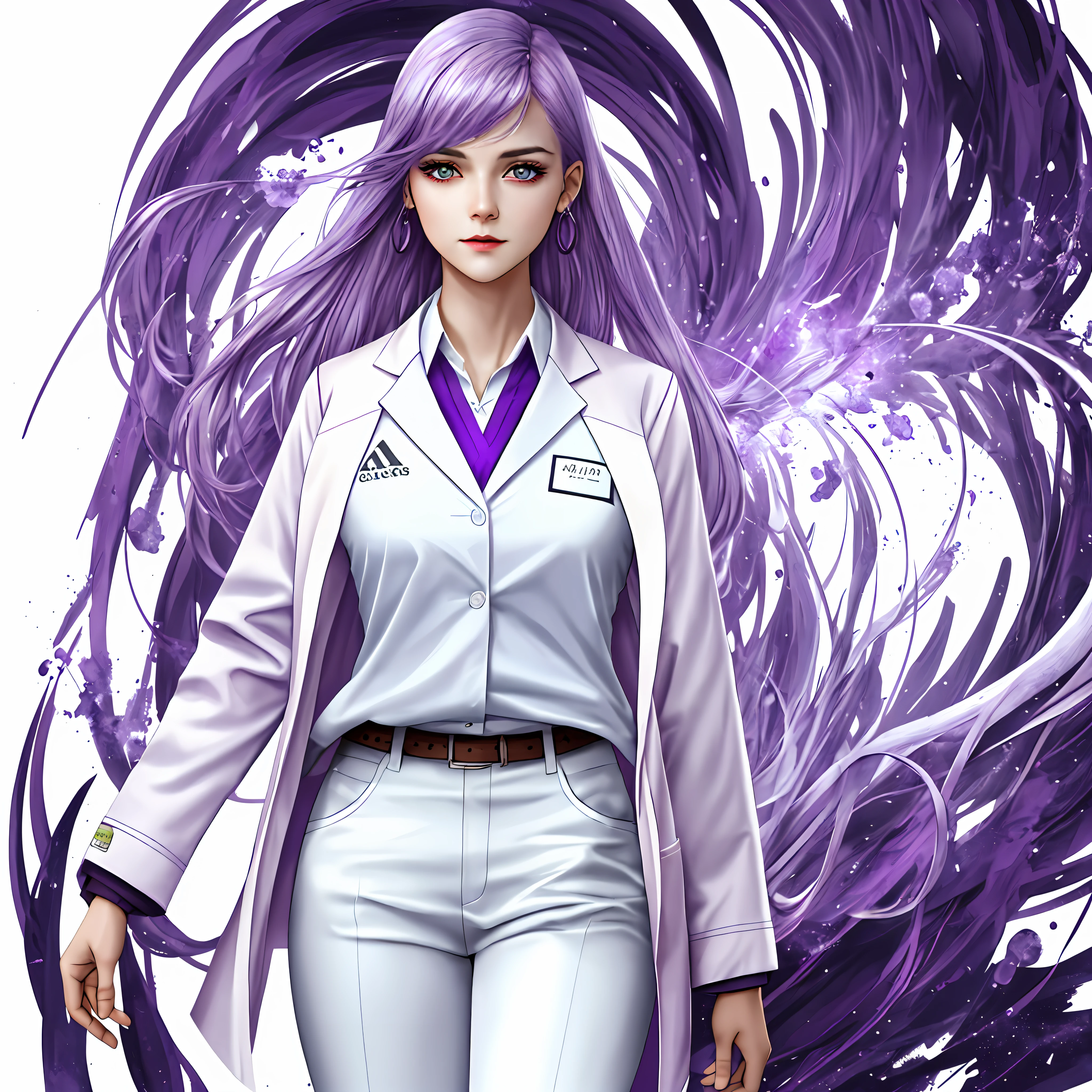 An attractive girl, with very beautiful purple eyes, with a scientist jacket, white pants, bright purple hair, white pants, scientist jacket, laboratory, HD image, 8k, award-winning art, artwork, bright purple eyes