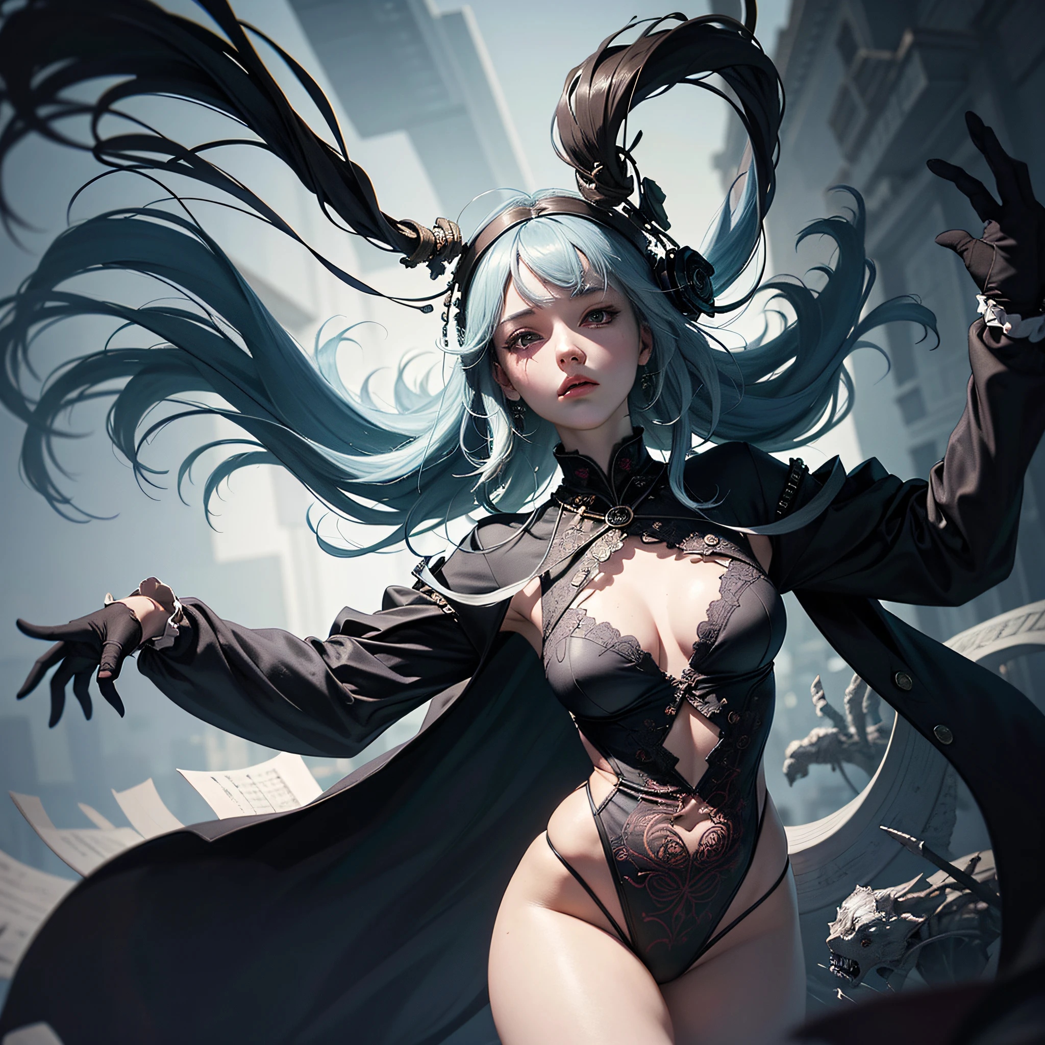 official art, unity 8k wallpaper, ultra detailed, beautiful and aesthetic, masterpiece, best quality, (fractal art:1.3) , 1girl, extremely detailed, dynamic angle, cowboyshot, the most beautiful form of chaos, elegant, a brutalist designed, vivid colours, romanticism, by james jean, roby dwi antono, ross tran, francis bacon, michal mraz, adrian ghenie, petra cortright, gerhard richter, takato yamamoto, ashley wood, atmospheric, ecstasy of musical notes, streaming musical notes visible