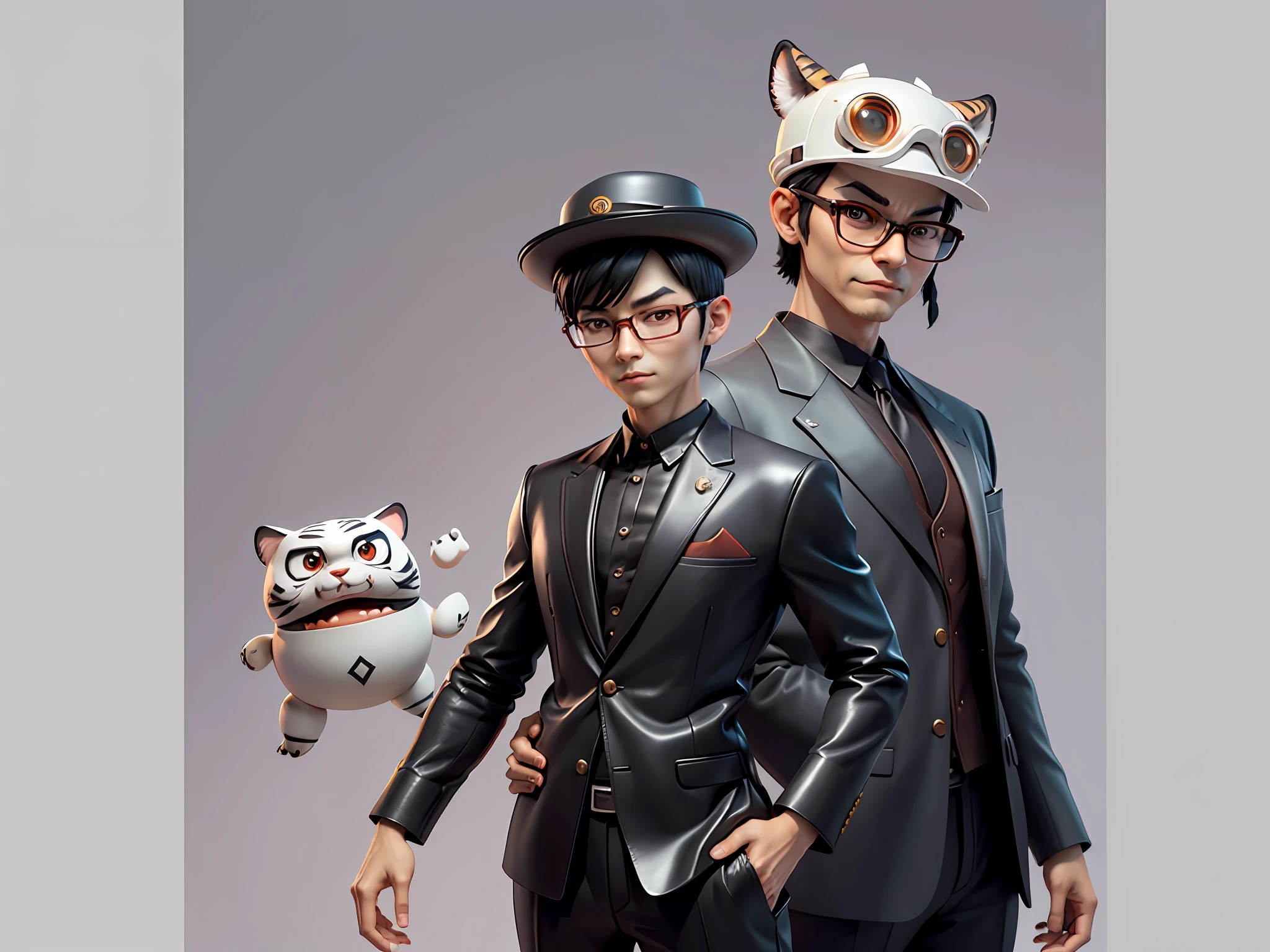 Young man with oriental face in leather hat, tiger, oriental face in formal suit, short black hair, silver glasses, digital painting, 3D character design by Mark Clairedon and Pixar and Hayao Miyazaki and Akira Toriyama, the illustration is a high-definition illustration in 4K resolution with very detailed facial features and cartoon-style visuals.