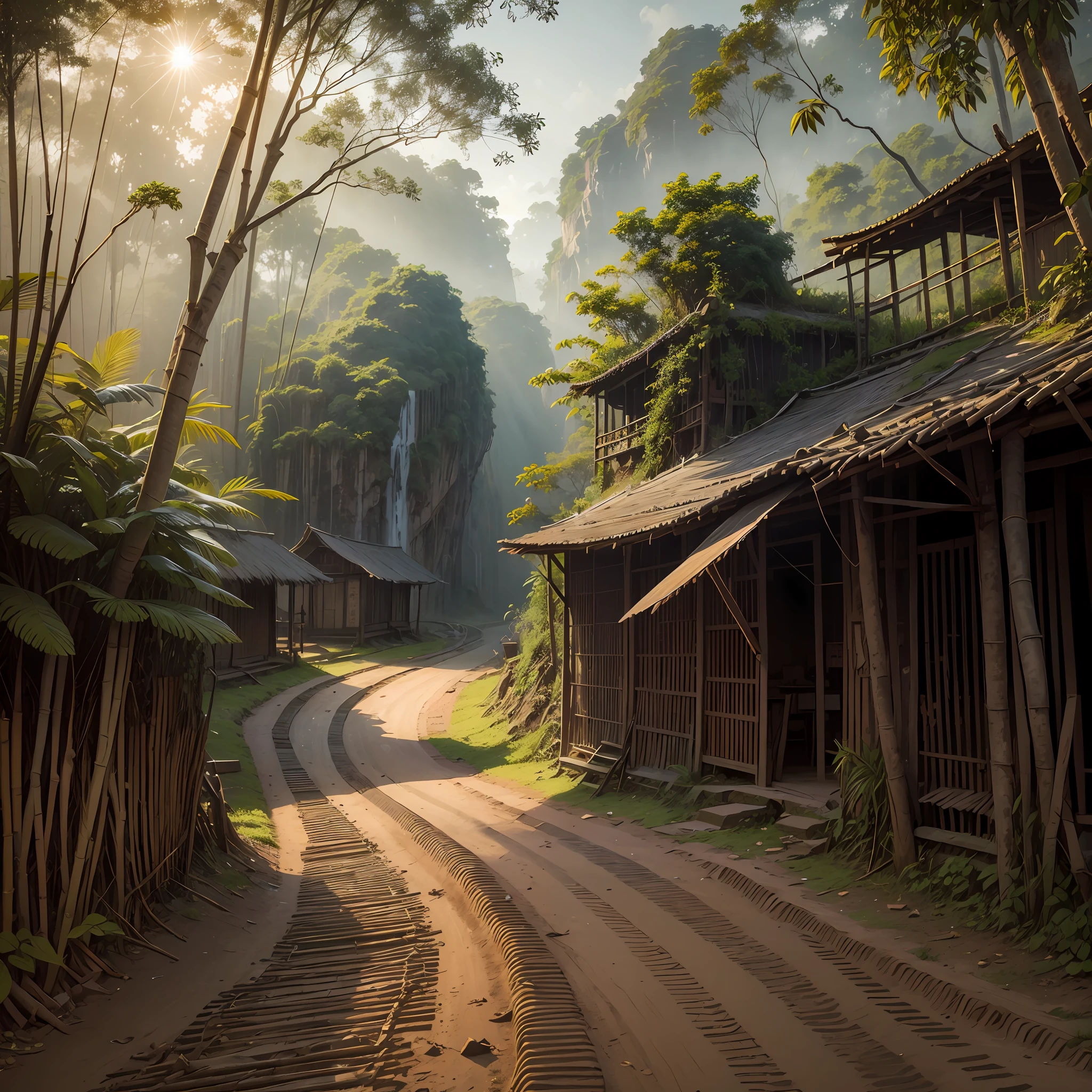 The sun set on the horizon a long road of very winding dirt with beaten floor of clean earth and without marks attached with fallen leaves that entered the dense Amazon forest ending in a stone portal, a very old village with bamboo houses and straw in ruins hidden among the forest, waterfall, creatures of another world, All shrouded in a gloomy air with mist on all sides --auto --s2