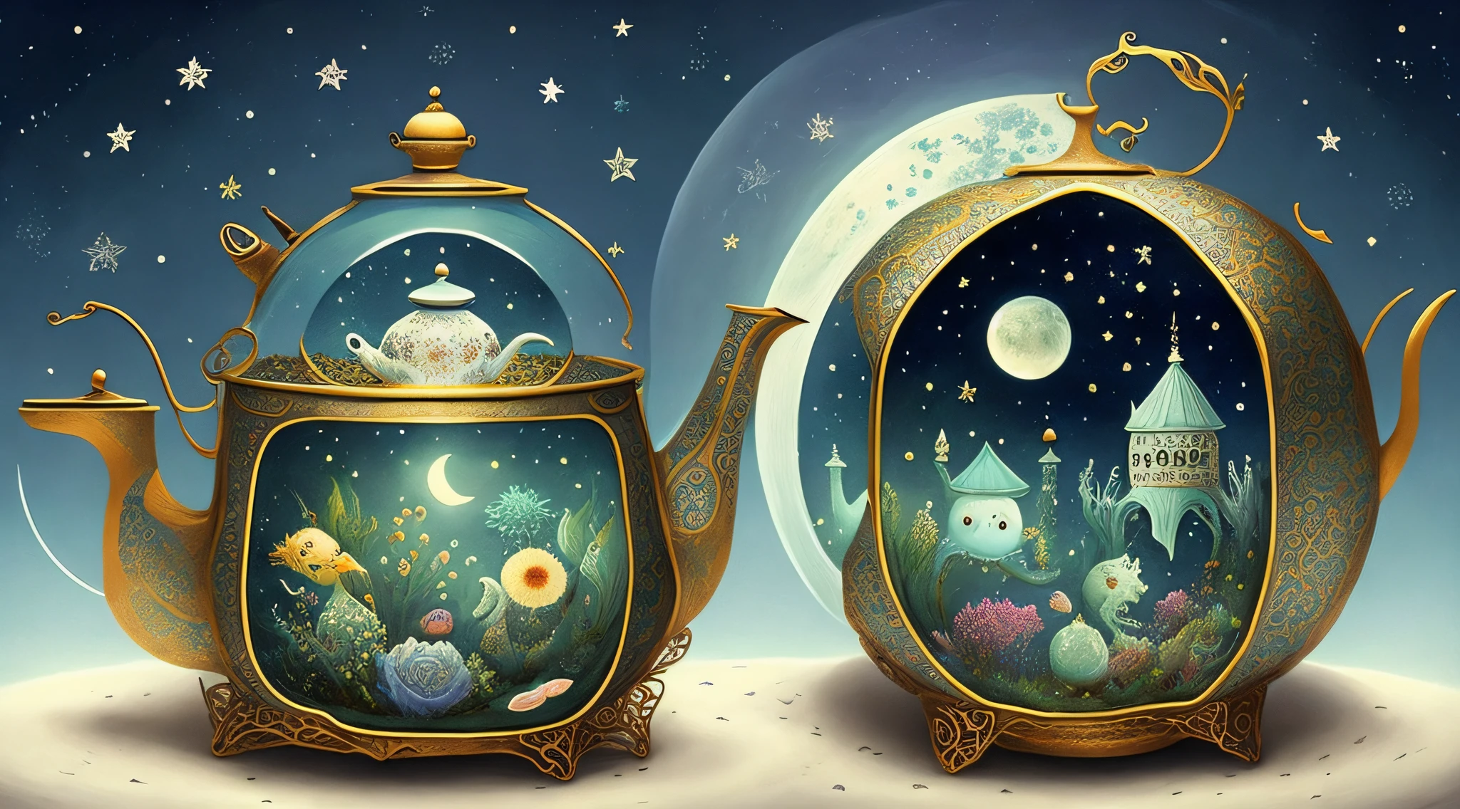 there is a teapot with a crescent and stars on it, dreamy and detailed, ✨🕌🌙, teapots, secret tea society, in the moon, whimsical art, by Nil Gleyen, annie stegg gerard, gorgeous art, graphic of enchanted terrarium, magically shaped surrealism, beautifully illustrated, enchanting and otherworldly, moon light fish eye illustrator