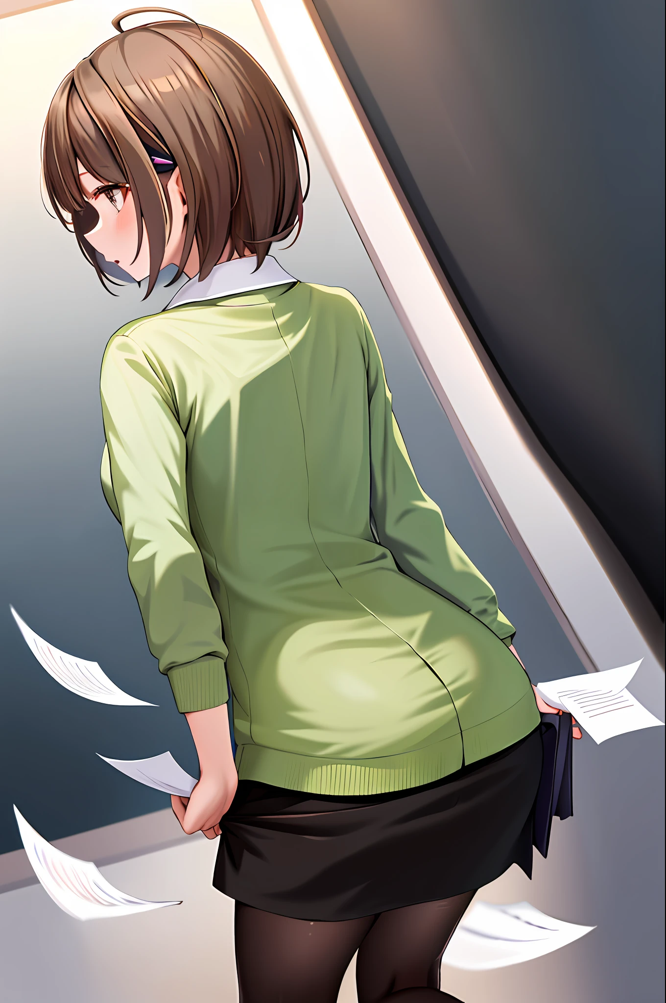 masterpiece, best quality, highres, nodoka1, 1girl, solo, pantyhose, brown hair, black skirt, short hair, ahoge, hair ornament, white shirt, collared shirt, long sleeves, hairclip, green cardigan, dress shirt, office, (paper:1.2), kneeling, from behind, ass, leaning forward,
