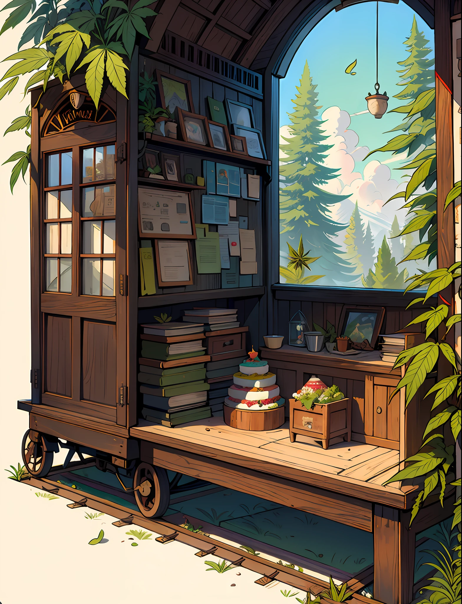 Train Close up (((train))) in love Hemp, leaf, marijuana, cannabis cone, ((illustration)), colorful, wallpaper, energy, secret, magical environment, magical environment, magic wand, books, cake, sweets, coffee, pages flying in the sky, omniscience, prediction of the future, understanding the past, frost magic, spells, red hair, long hair, --v 6