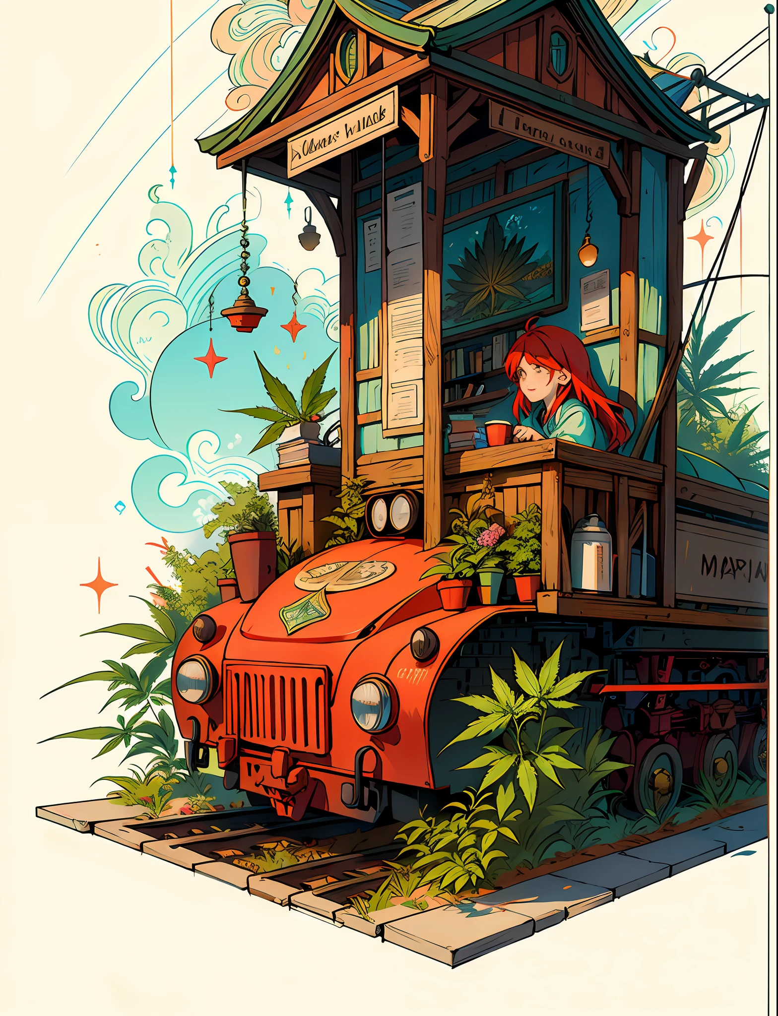 Train Close up (((train))) in love Hemp, leaf, marijuana, cannabis cone, ((illustration)), colorful, wallpaper, energy, secret, magical environment, magical environment, magic wand, books, cake, sweets, coffee, pages flying in the sky, omniscience, prediction of the future, understanding the past, frost magic, spells, red hair, long hair, --v 6