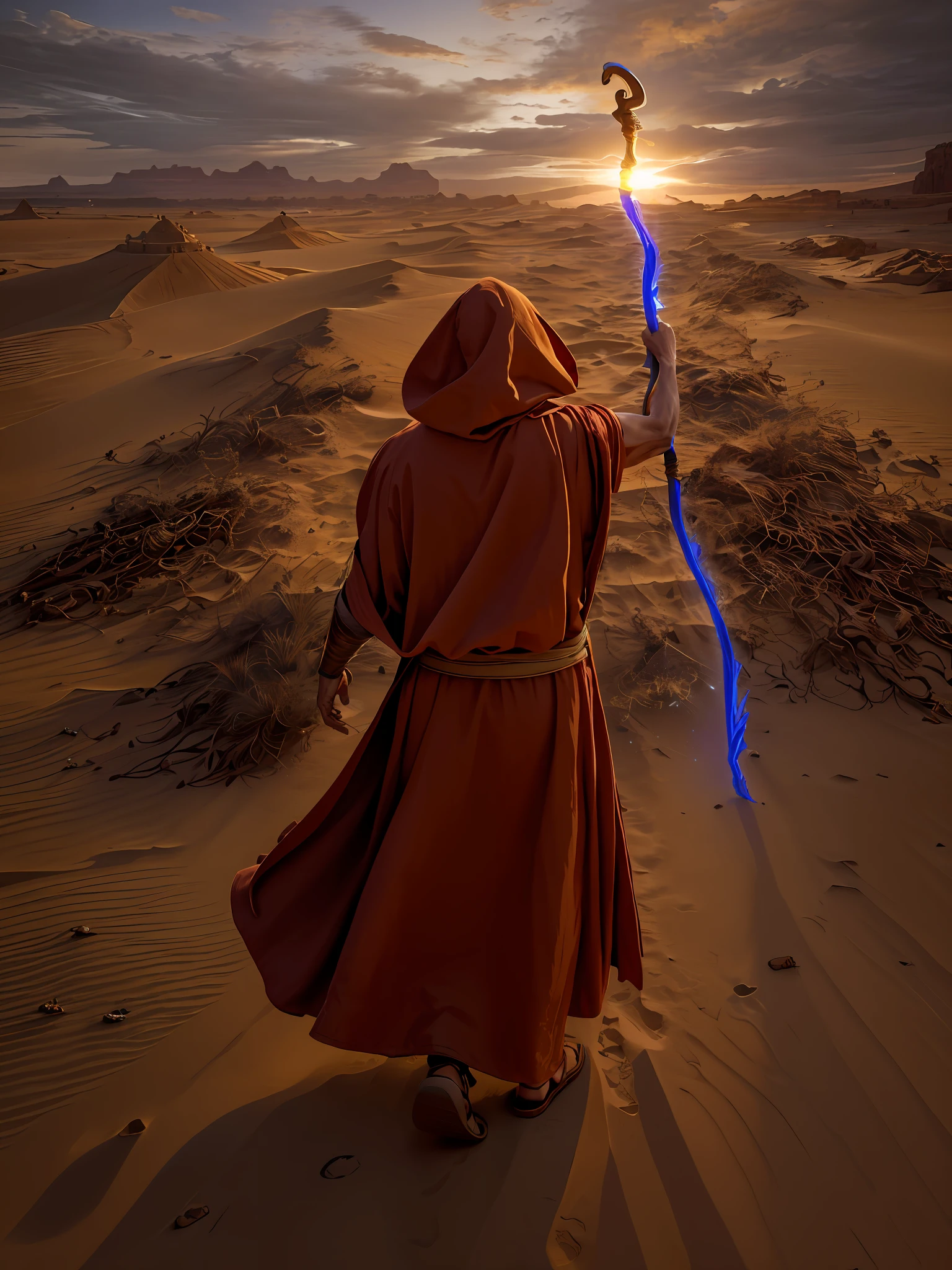 arafed image of a man in a robe holding a staff on a beach, sorcerer of sand, wearing flowing robes, carrying a magical staff, desert fighter ancient mage, wearing brown robes, wearing a flowing cloak, inspired by Michael Whelan, robed, desert robe, in an arena in dune 2021, flowing robes