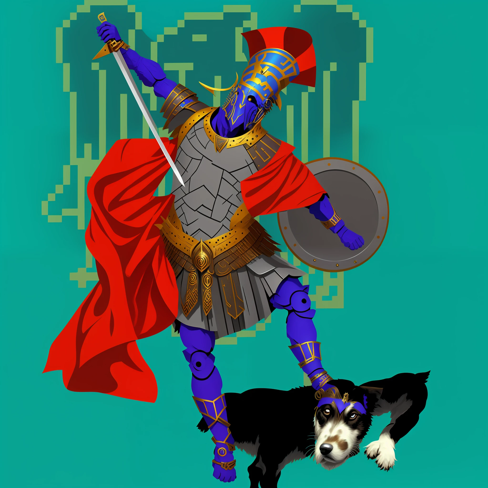 there is a man in a costume and a dog on a skateboard, greek myth digital painting, ares with heavy armor and sword, greek god in mecha style, aztec warrior with jaguar mask, greek dark myth, fantasy pop art, inspired by Exekias, ancient soldier, full color digital illustration, inspired by Nicomachus of Thebes --auto --s2
