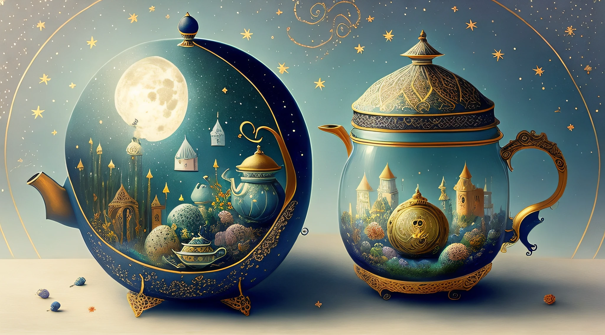 there is a teapot with a crescent and stars on it, dreamy and detailed, ✨🕌🌙, teapots, secret tea society, in the moon, whimsical art, by Nil Gleyen, annie stegg gerard, gorgeous art, graphic of enchanted terrarium, magically shaped surrealism, beautifully illustrated, enchanting and otherworldly, moon light fish eye illustrator