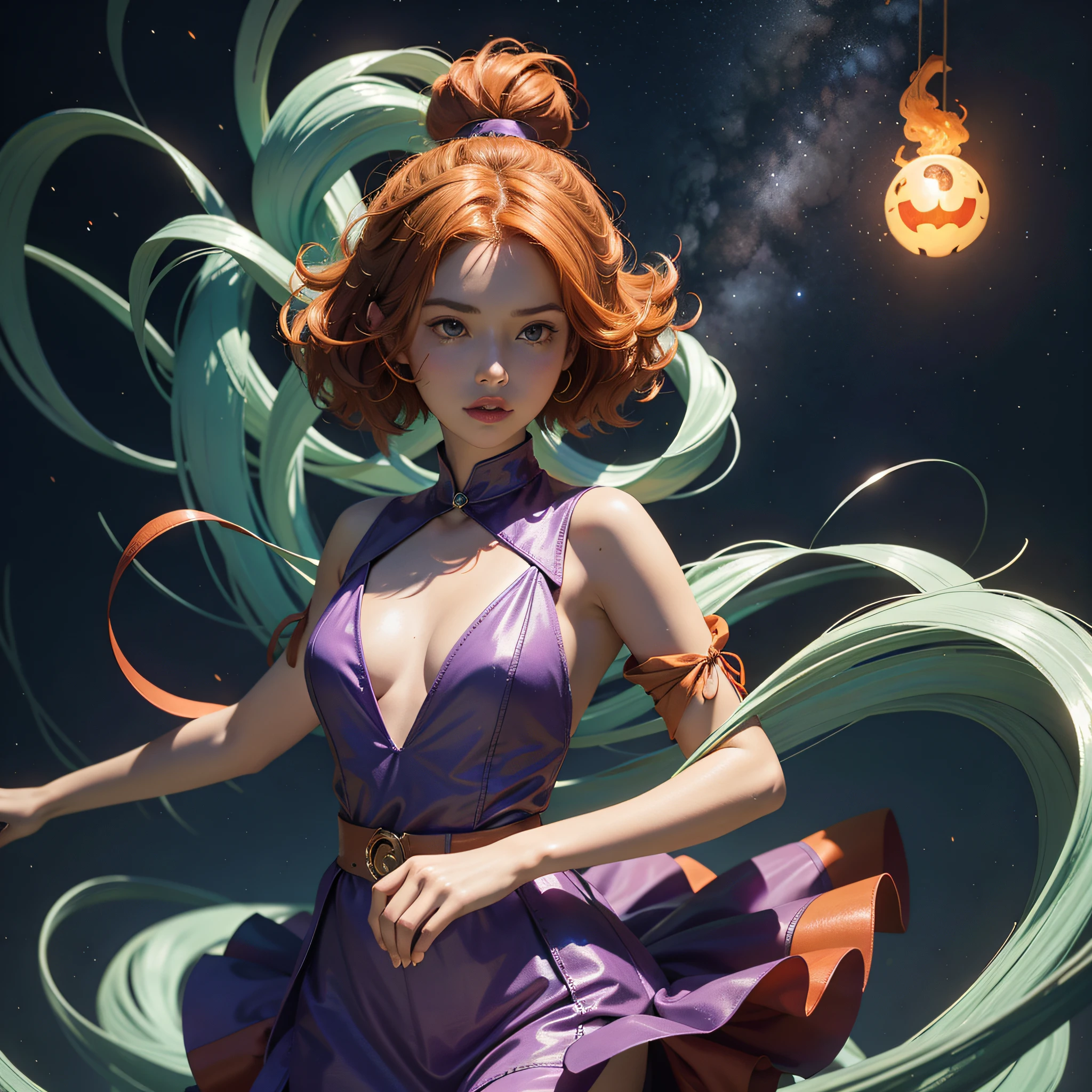 concept art, overhead angle of a Will-o'-the-wisp, wearing Funny Somali Emerald deep orange Pinafore, Caramel hair styled as Short hair, fluorescent purple Hair tie, equirectangular 360, Highres,  [(art by Willi Baumeister:1.1), (art by John T. Biggers:1.2)::17], official art, unity 8k wallpaper, ultra detailed, aesthetic, masterpiece, best quality, photorealistic