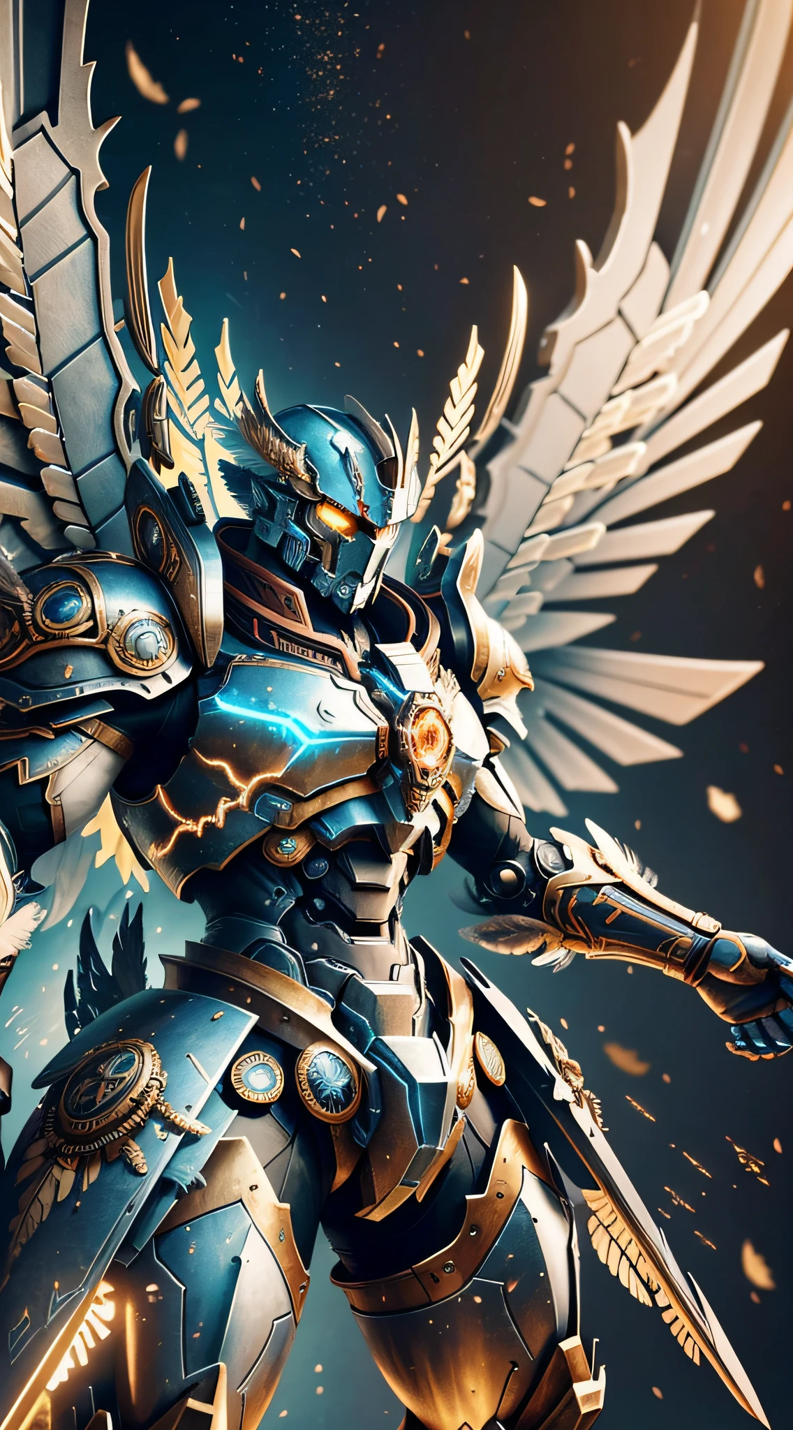 Steampunk style, cold tone, cinematic effect, futuristic sci-fi mecha God of War, dragon pattern on mecha, metallic wings on the back, feathers, clearly layered wings, holding a tomahawk, battle posture, battle posture display, tomahawk particle light, tomahawk particle special effects, aesthetic, scattered, super details, face delicate details, clear silhouette, face close-up, perfect details, 8K, top painting, feature article, studio environment, concept art, epic composition, full body shot, with HD details, Metallic texture and tension composition, hyper-realistic, ultra-realistic, rich in detail, 3D. C4D,