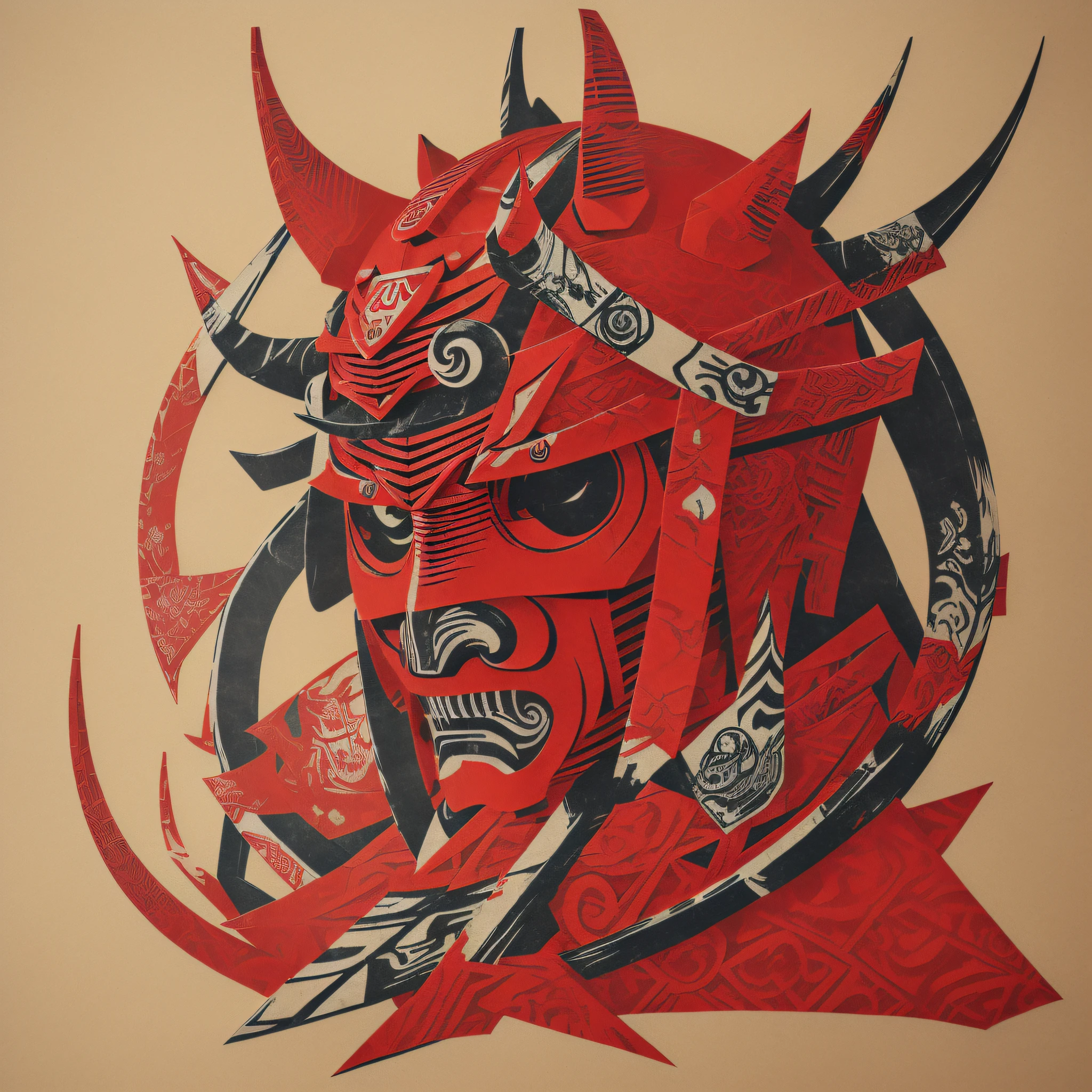 ((Mascara Oni Hannya)) with (((old Samurai Kabuto helmet)))), (((masterpiece))), better quality, ((Kirigami's Japanese paper cutting art)), ((Japanese paper cutting)), ((complicated paper cutting with many paper layers)), ((each paper layer with shadows)), red background paper, unique color on each paper layer, frontal, (detailed Japanese tamon samurai mask)