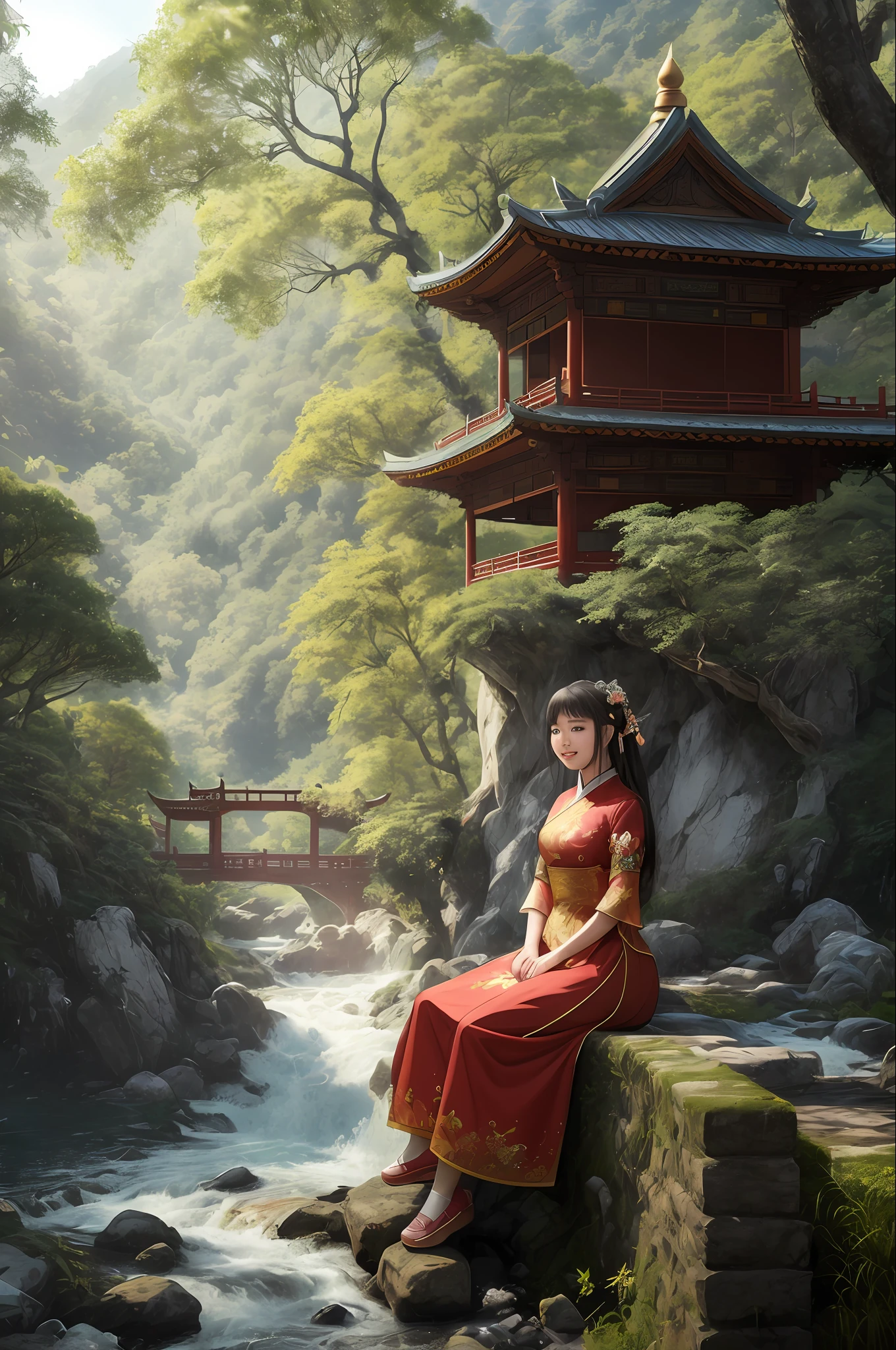 Generate an image of a beautiful girl sitting on a crumbling wall, surrounded by tall pine trees and a river flowing nearby, with misty mountains and lush greenery in the background. The fairy is wearing a red traditional Chinese dress and smiling at the camera, her face illuminated by the morning sunlight filtering through the trees.
(Chinese-style architecture),(Chinese architecture),(raw photo:1.2), (photorealistic:1.4), absurdres, incredibly absurdres, huge filesize , ultra-detailed, highres, extremely detailed,best quality ,masterpiece, illustration, an extremely delicate and beautiful, extremely detailed ,CG ,unity ,8k wallpaper, Amazing, finely detail, masterpiece,best quality, pureerosface_v1,ulzzang-6500-v1.1,