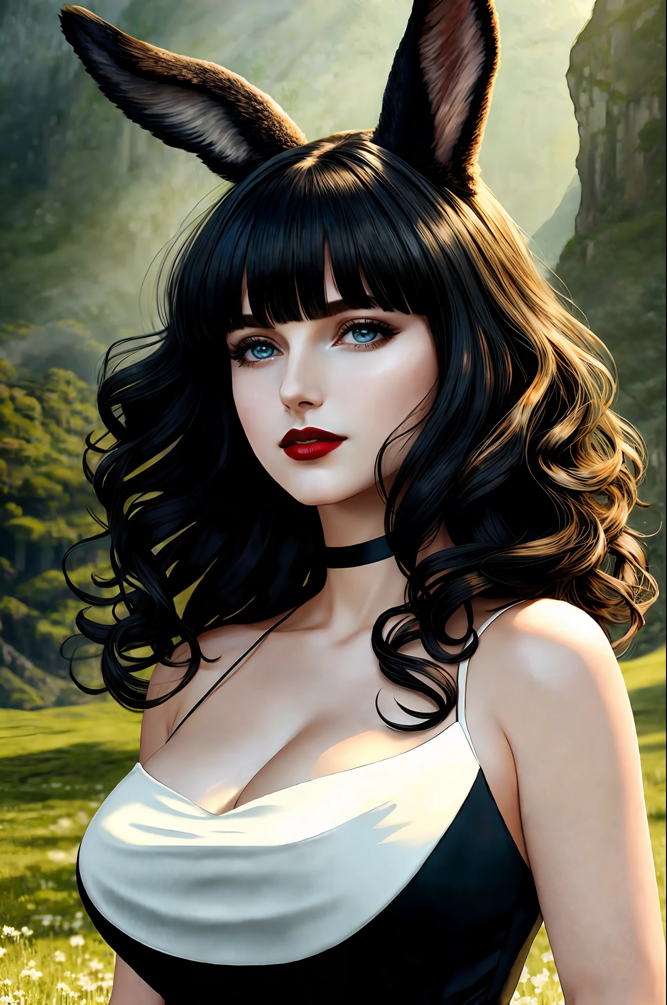 (masterpiece:1.2, best quality), (1lady, solo, upper body:1.2), big tits, shoulder length hair, Minimal dark makeup, Face close-up, Smile, black hair, blue eyes, black furry bunny ears, (((white dress))), (black lipstick), viera, final fantasy xiv, ((seductive)), nipple outline, ((bangs)), choker, BREAK Behind her, a green forest stretches out and beyond that, mountains rise in the distance. BREAK The most suitable effect for this scene would be a watercolor painting technique to capture the softness of the meadow and the fluidity of the movement, award winning 64k concept art, epic, god rays, centered, (masterpiece:1.2), (best quality:1.2), Amazing, highly detailed, beautiful, finely detailed, warm soft color grading, Depth of field, extremely detailed 8k, fine art, stunning, iridescent, shiny, (light reflections:1.2), (crisp:1.5), curls, wind, vibrant, sunlit, (edge detection:1.2), absurdres