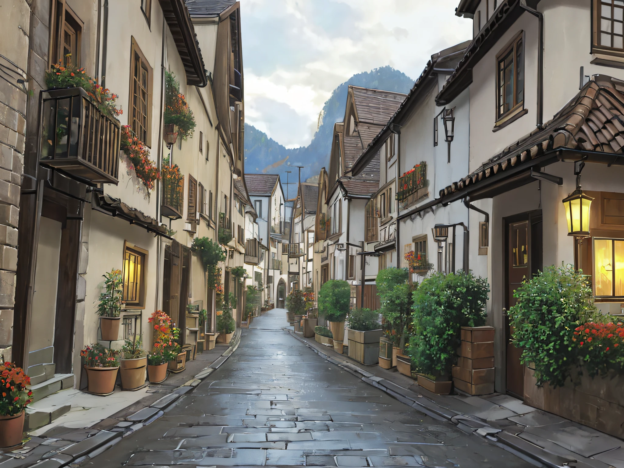 ((masterpiece)), (8k, high_resolution),(best quality), old town, narrow street, European houses, cloudy, autumn, Kyoani Haruhi style, very beautiful