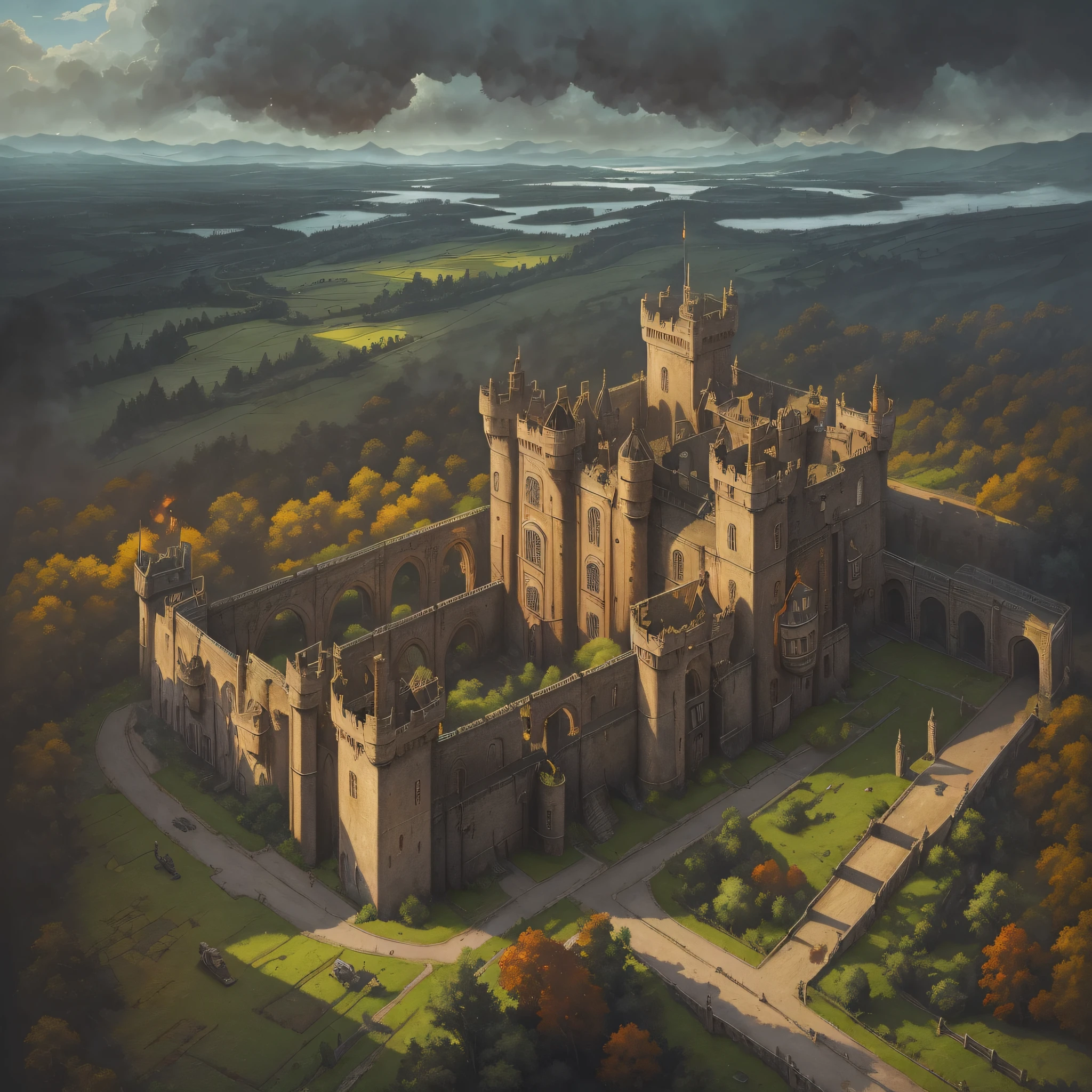 A hostile castle in the industrial Revolution, with a wildfire, a tunnel and a vision, Exquisite, Step-by-step and Stately in the style of Lee Madgwick, David Brayne and John Harris, High resolution --auto --s2
