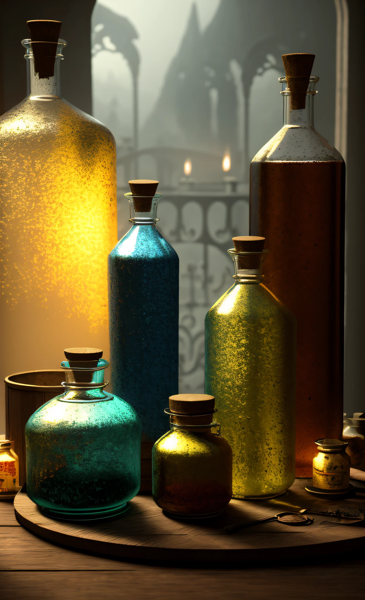 masterpiece, best quality, Mixing potions, Dark moody lighting, Brightness, Bright, mysterious, mystical, magical, Rim lighting. various antique bottles, cinematic, 3D, 8K