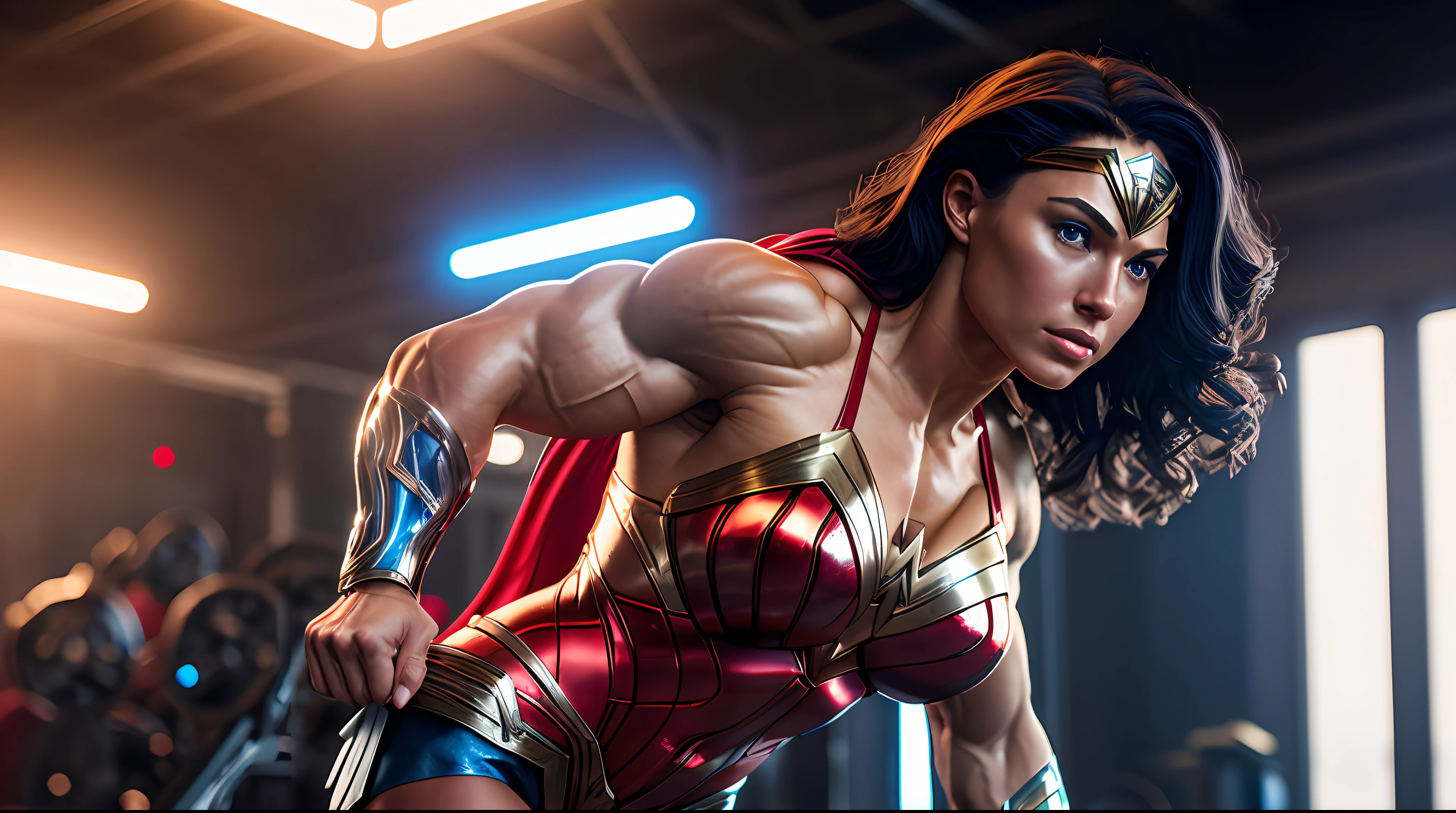 Cinematic soft lighting illuminates a stunningly detailed and ultra-realistic Wonder Woman bodybuilder, muscular, red and blue armor that is trending on ArtStation. Octane is the perfect tool to capture the softest details of this 16k photography masterpiece