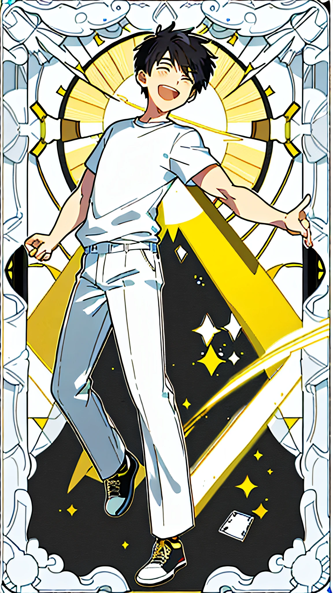 masterpiece, best quality, full body, card, 1 man, the sun, happy, laugh, short hair, black hair,  brush cut, white shirt, standing, white, light, music, art, yellow, black,  buzz cut, bara, man, street style, white t-shirt, short pant, cute, sport, center, best pose