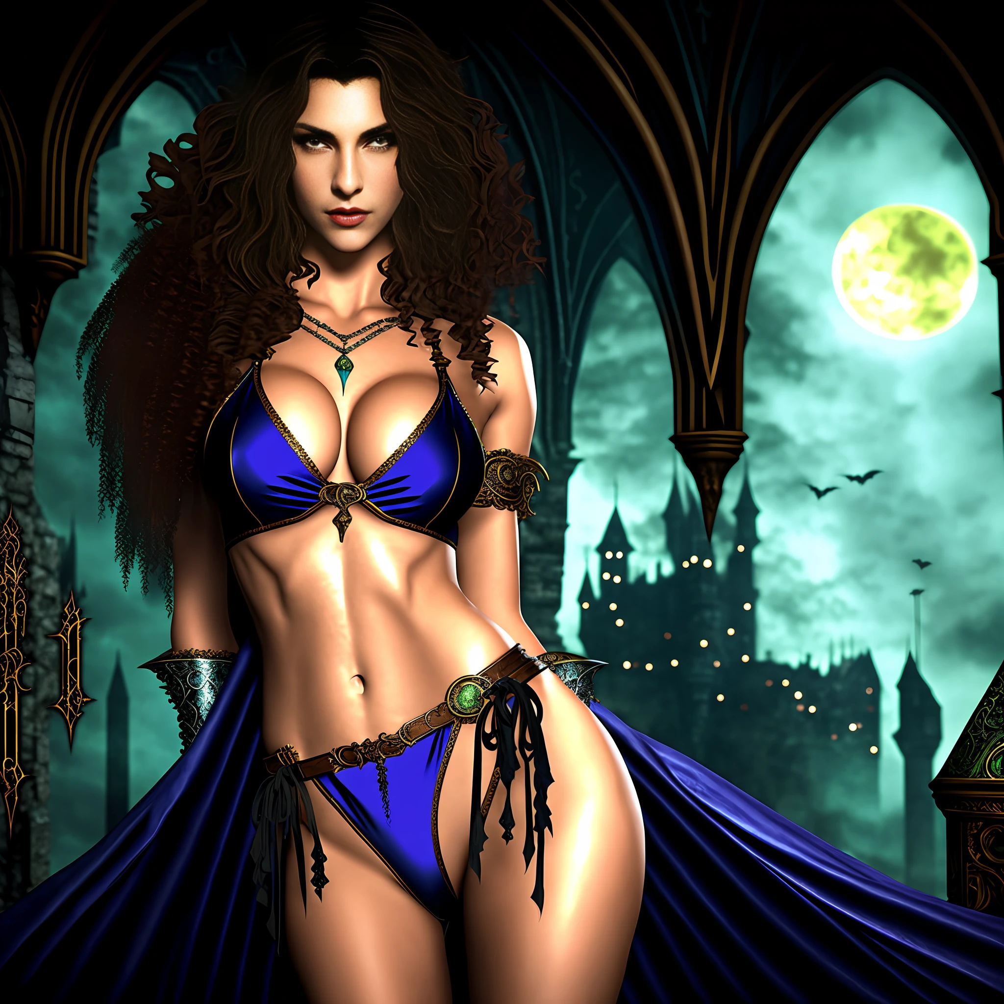 Me in a gothic setting of Castlevania, brown and curly hair, elongated and well-defined face with features of a tall woman with Italian ancestry, wearing blue bikini and metallic silver, green eyes, wide hips, intricate details. The background is dark and Gothic, adding to the mysterious atmosphere. This art is on the rise at ArtStation, capturing the essence of the iconic Symphony of the Night game. The illustration is soft, with sharp focus, showing the beauty and fascination of me