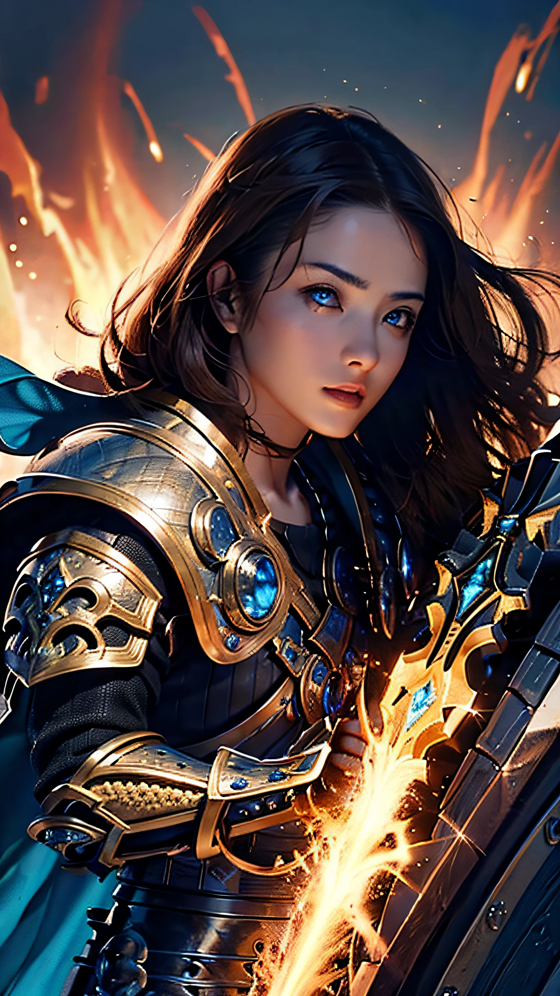 official art, unity 8k wallpaper, ultra detailed, masterpiece, best quality, 1 woman, (extremely detailed), dynamic angle, Mysterious expression, fire sparkle effect, fantasy background, rim lighting, side lighting, cinematic light, ultra high res, 8k uhd, film grain,best shadow, delicate, RAW, light particles, detailed skin texture, detailed armor texture, detailed face, intricate details, ultra detailed, bright, strong, black armor, holding weapon, holding shield, pauldrons, ((brunette hair)), very glowing blue eyes, long black cape, fantasy, (realistic),