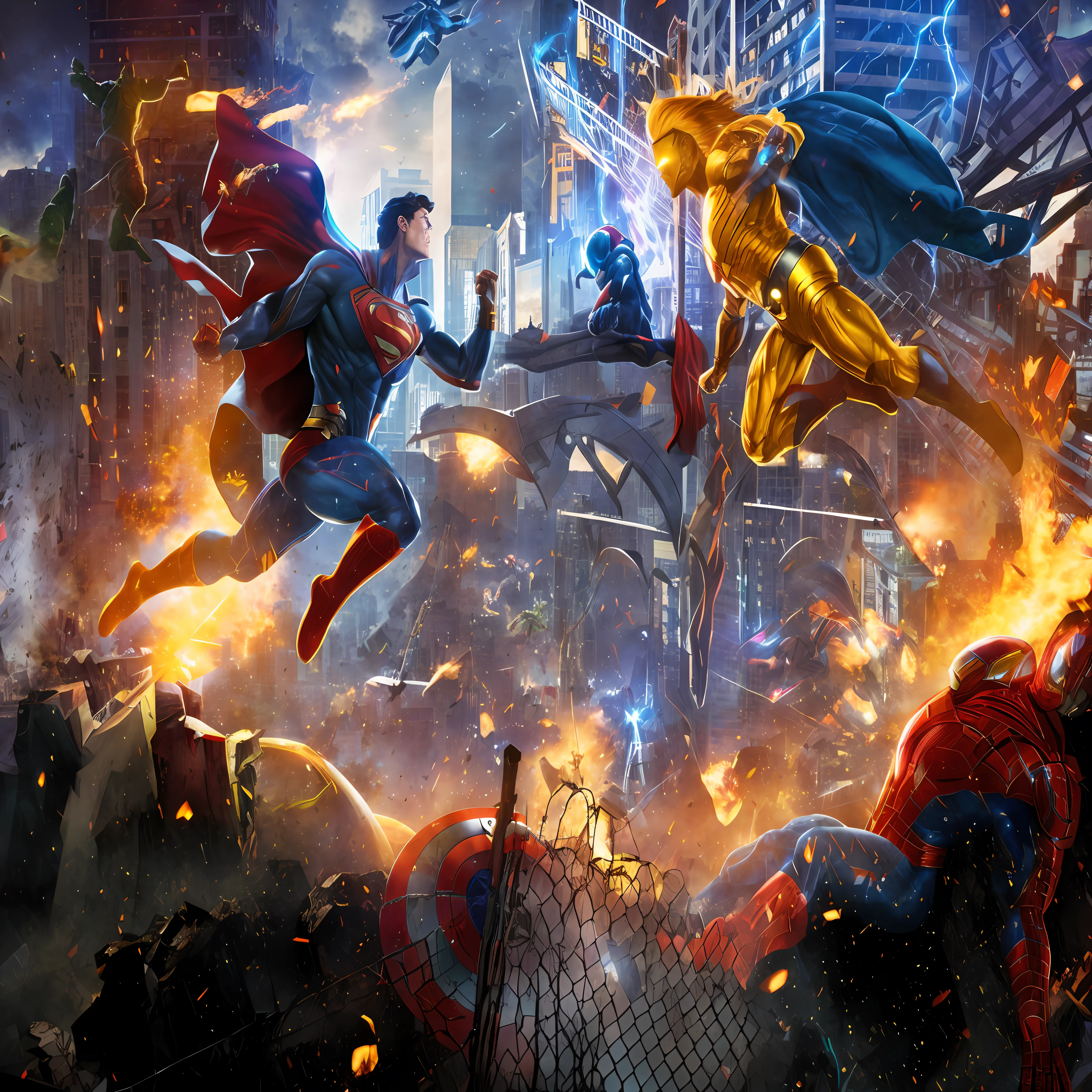 avengers vs superman movie poster, hero pose colorful city lighting, epic comic book style, cg art, in style of marvel and dc, super hero art, 8k comic art, fan art, matte painting comic book art, epic comic book art, background artwork, full resolution, dc comics art style, album art, fanart, hero, marvel comics dslr hdr --auto --s2