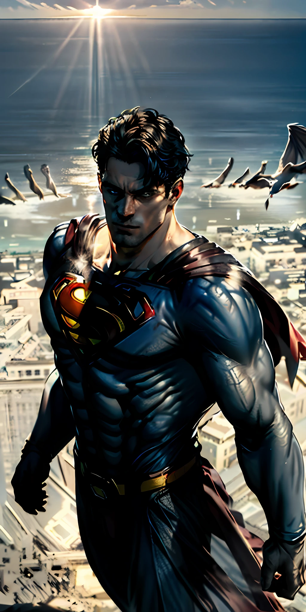 shot from above, Superman, giving a superhero pose, face illuminated by the sun light, dramatic perspective, dramatic composition