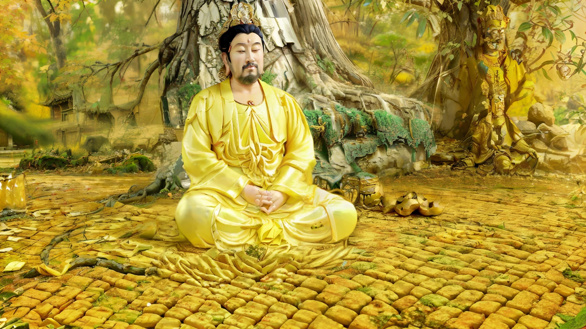 arafed man sitting on the ground in front of a tree, inspired by Ma Quan, inspired by Liao Chi-chun, taoist priest, inspired by Xiang Shengmo, inspired by Shen Quan, taoist master, inspired by Cheng Zhengkui, inspired by Gong Kai, inspired by Zhao Mengfu, stoic pose