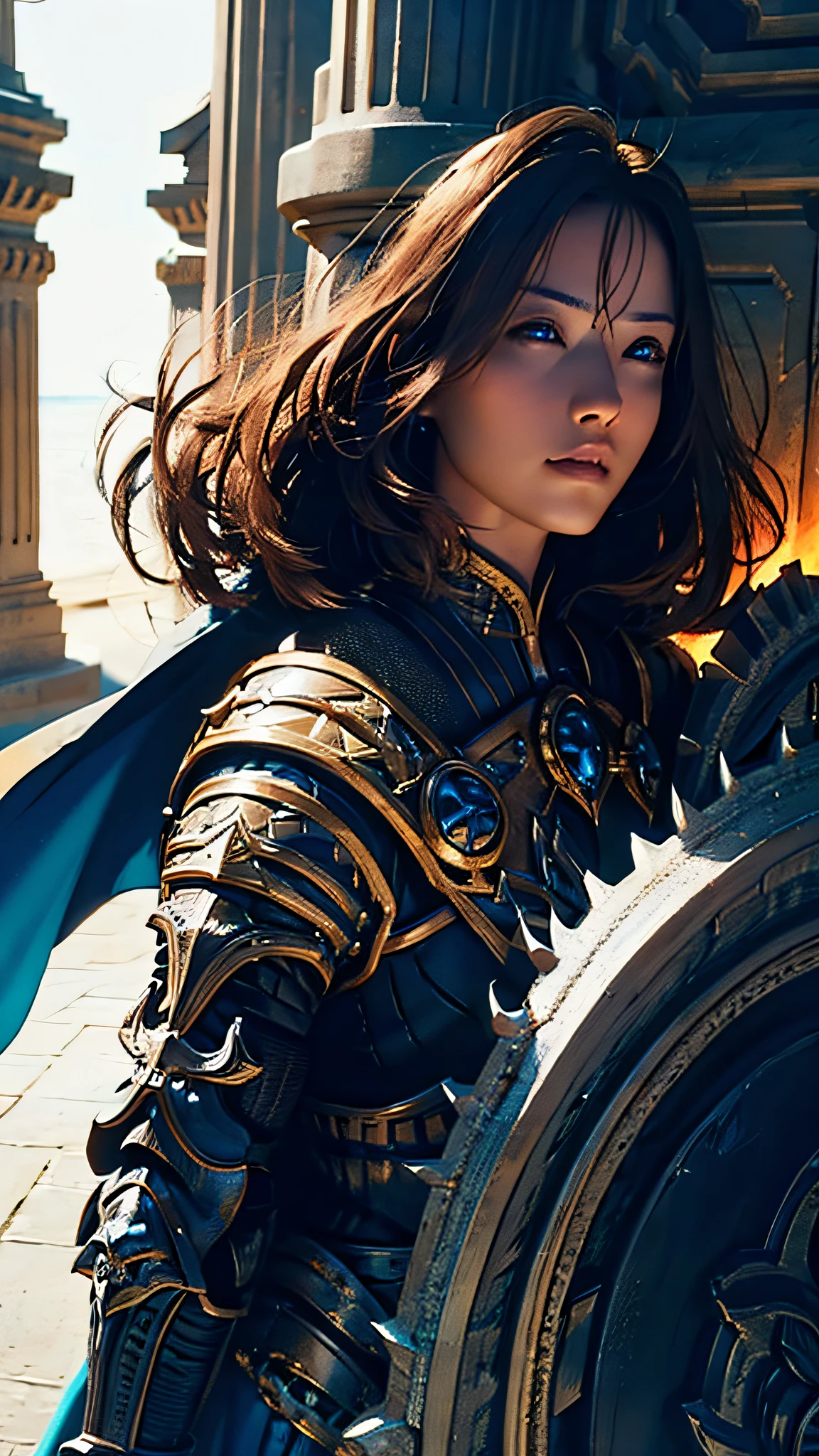 official art, unity 8k wallpaper, ultra detailed, masterpiece, best quality, 1 woman, (extremely detailed), dynamic angle, Mysterious expression, fire sparkle effect, fantasy background, rim lighting, side lighting, cinematic light, ultra high res, 8k uhd, film grain,best shadow, delicate, RAW, light particles, detailed skin texture, detailed armor texture, detailed face, intricate details, ultra detailed, bright, strong, black armor, holding weapon, holding shield, pauldrons, ((brunette hair)), very glowing blue eyes, long black cape, fantasy, (realistic),