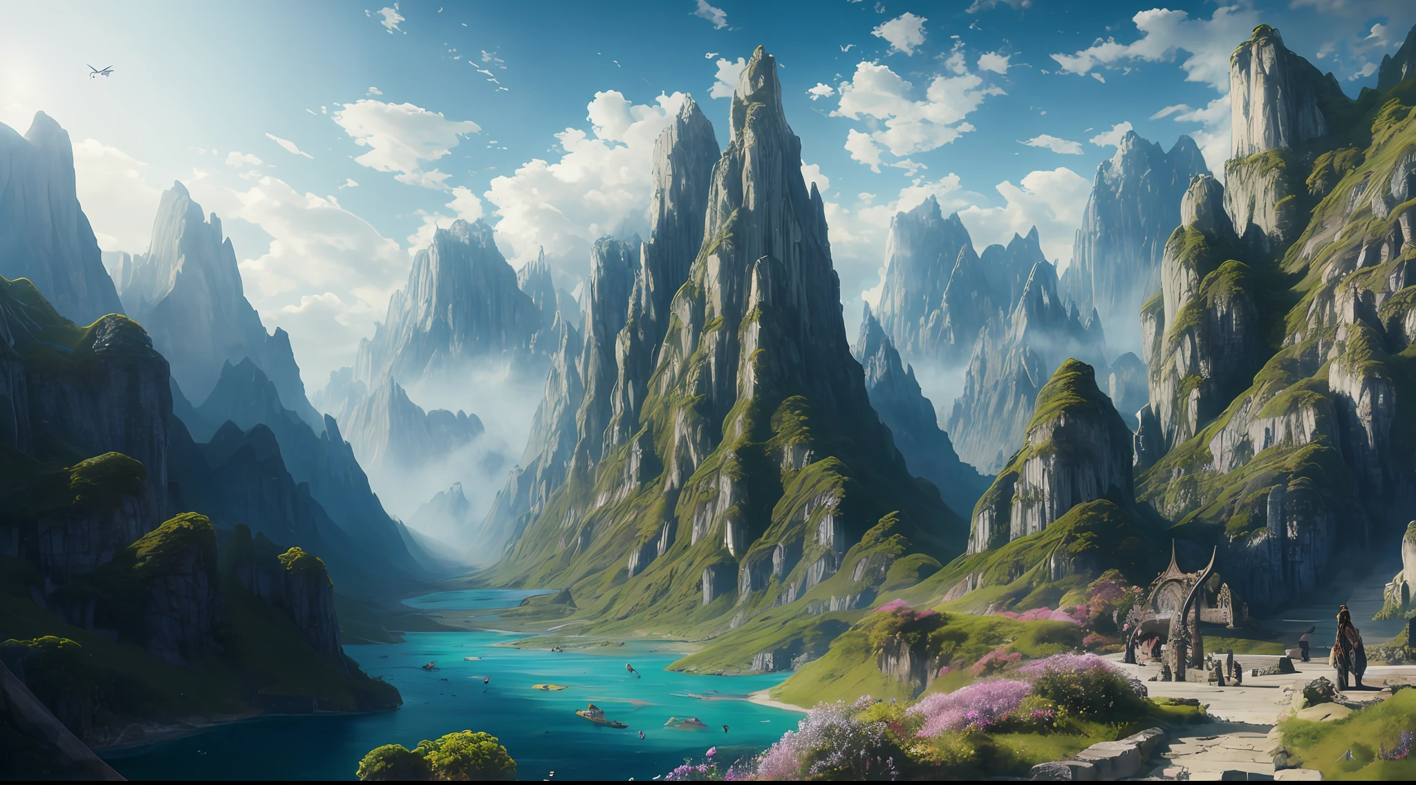 masterpiece, best quality, high quality, extremely detailed CG unity 8k wallpaper, scenery, outdoors, sky, cloud, day, no humans, mountain, landscape, water, tree, blue sky, waterfall, cliff, nature, lake, river, cloudy sky,award winning photography, Bokeh, Depth of Field, HDR, bloom, Chromatic Aberration ,Photorealistic,extremely detailed, trending on artstation, trending on CGsociety, Intricate, High Detail, dramatic, art by midjourney