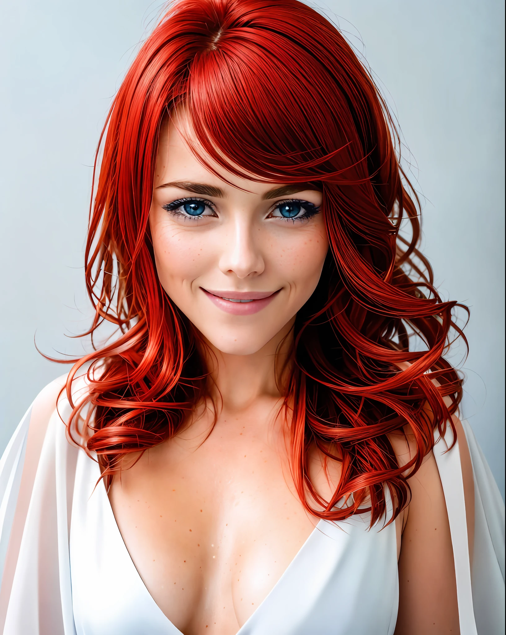 Elisabete Olsen, extreme closeup, smiling at the viewer, red hair, blue eyes, (8k, RAW photo, best quality, masterpiece: 1.2), ultra-detailed, (highly detailed skin: 1.2), 8k uhd, dslr, soft lighting, high quality,