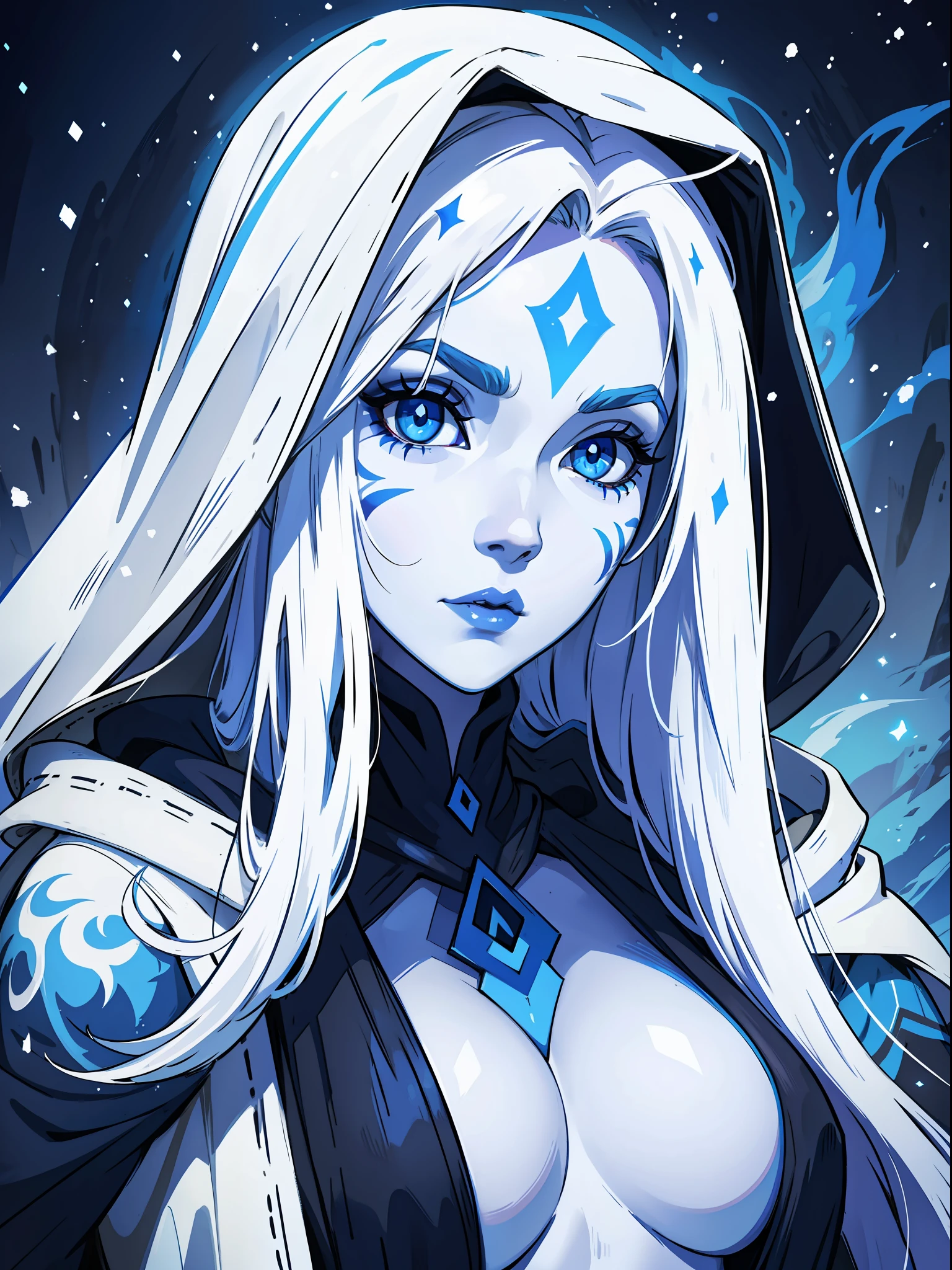 A beautiful hooded woman with snow-white skin and long white hair with cobalt blue eyes and blue makeup on her face tribal paintings by the body Make her like a sorceress in a setting full of magic and mystery A character for medieval RPG