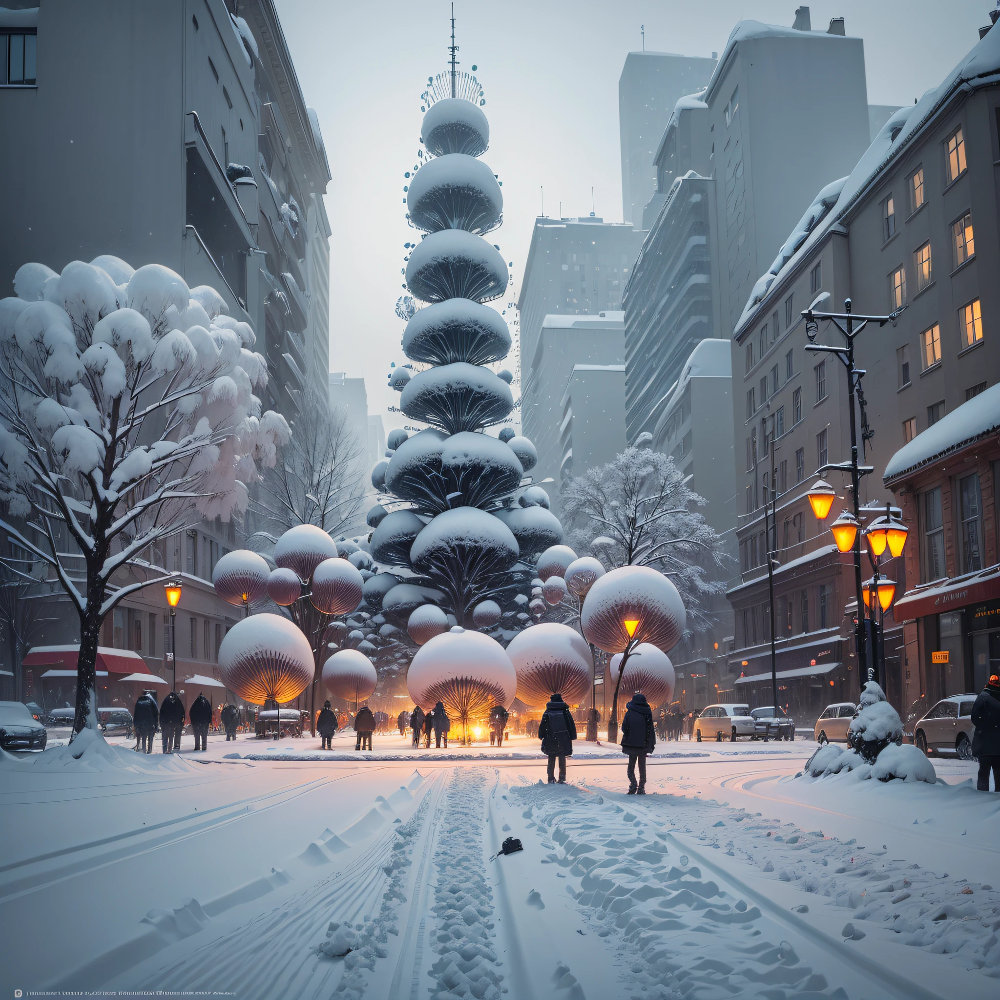 A somber city post-communist, snowing, with a giant and a machine, Informative, Dazzling and Dazzling in the style of Andreas Achenbach, Adrian Tomine and Dale Chihuly, High definition --auto --s2