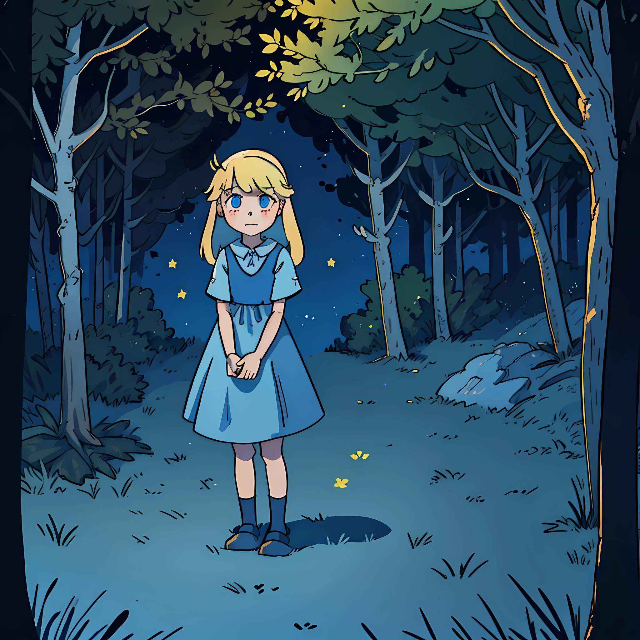 (a 12-year-old blonde girl in an unknown magical forest wearing a blue dress)