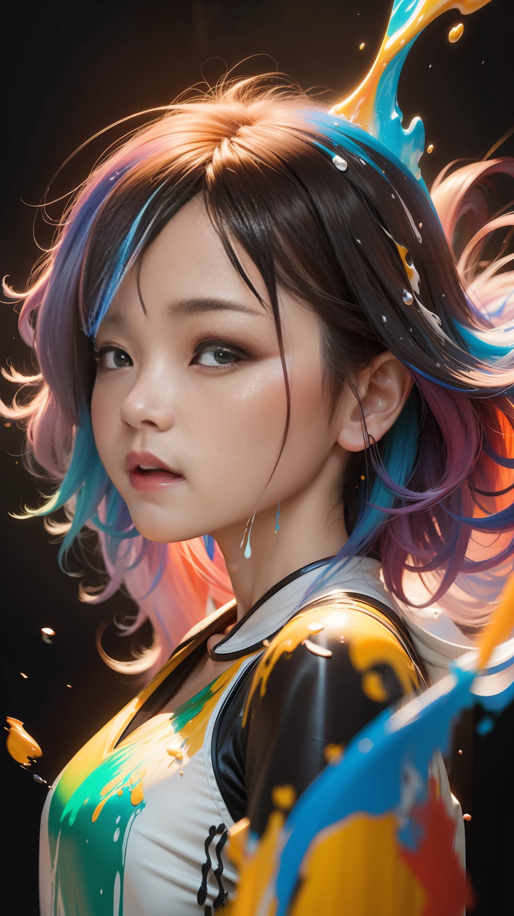 Height difference: 1.8), (paint collision splash on canvas), (depth of field), 1 Chinese girl's side face blended in, ((side face)), open mouth, (liquid pigment rainbow hair: 1.1) made of painting gravity resistant, thick flow, (paint splash: 1.3), liquid, beautiful, masterpiece, detail background, super high quality model, ethereal background, abstract beauty, explosion volume, oil painting, heavy stroke, romantic light, sub-surface scattering, lens 135mm, F1.8, Glow, 8K, High Resolution, Dream, Ray Tracing, HDR, God Ray,