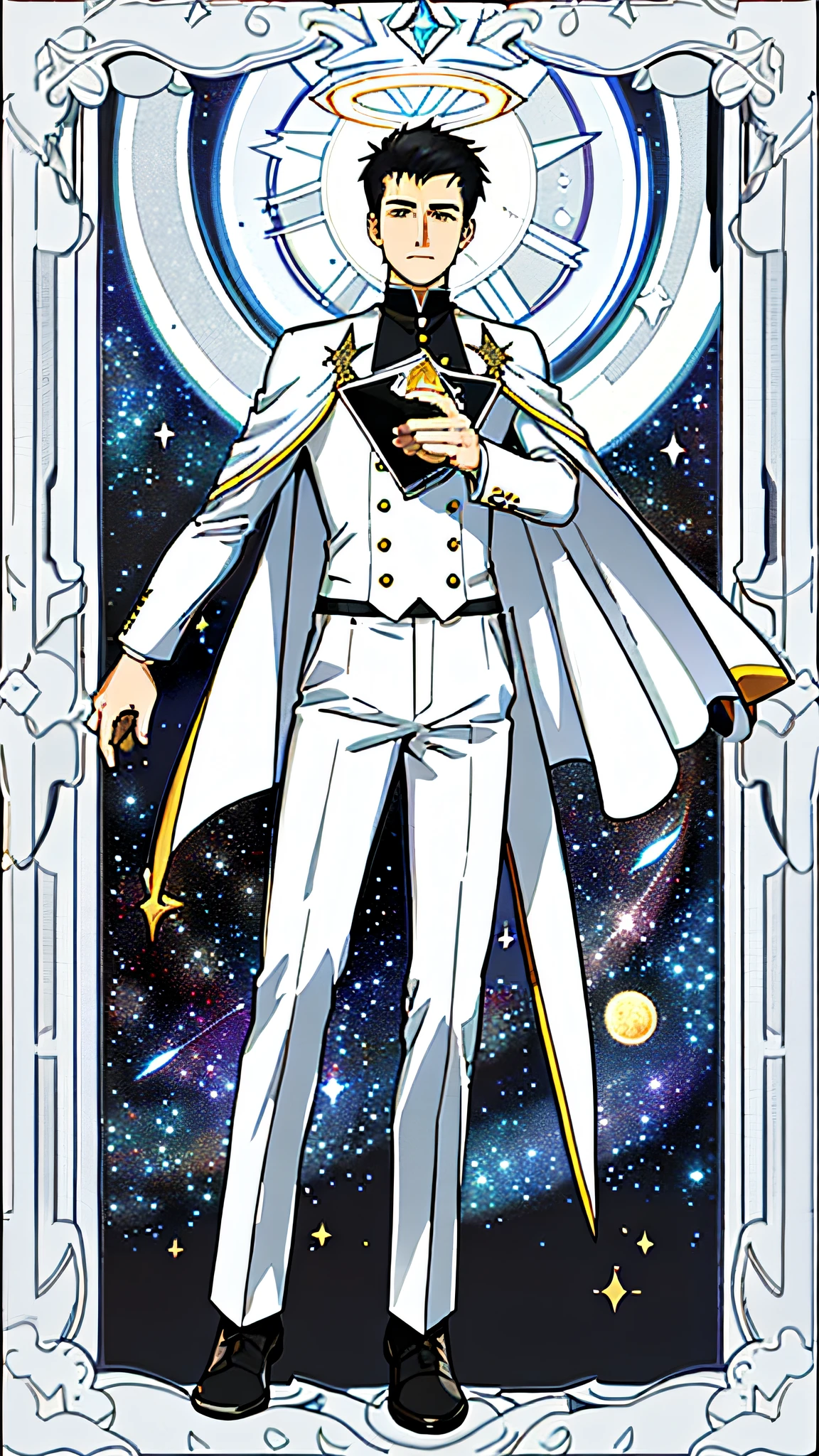 masterpiece, best quality, full body, card, 1 man, eclipse, space, galaxy, short hair, black hair, brush cut, white shirt, standing, white, sun, moon, black, white, buzz cut, bara, muscle, god, magician, cape, halo, center, best pose, diamond frame, divine