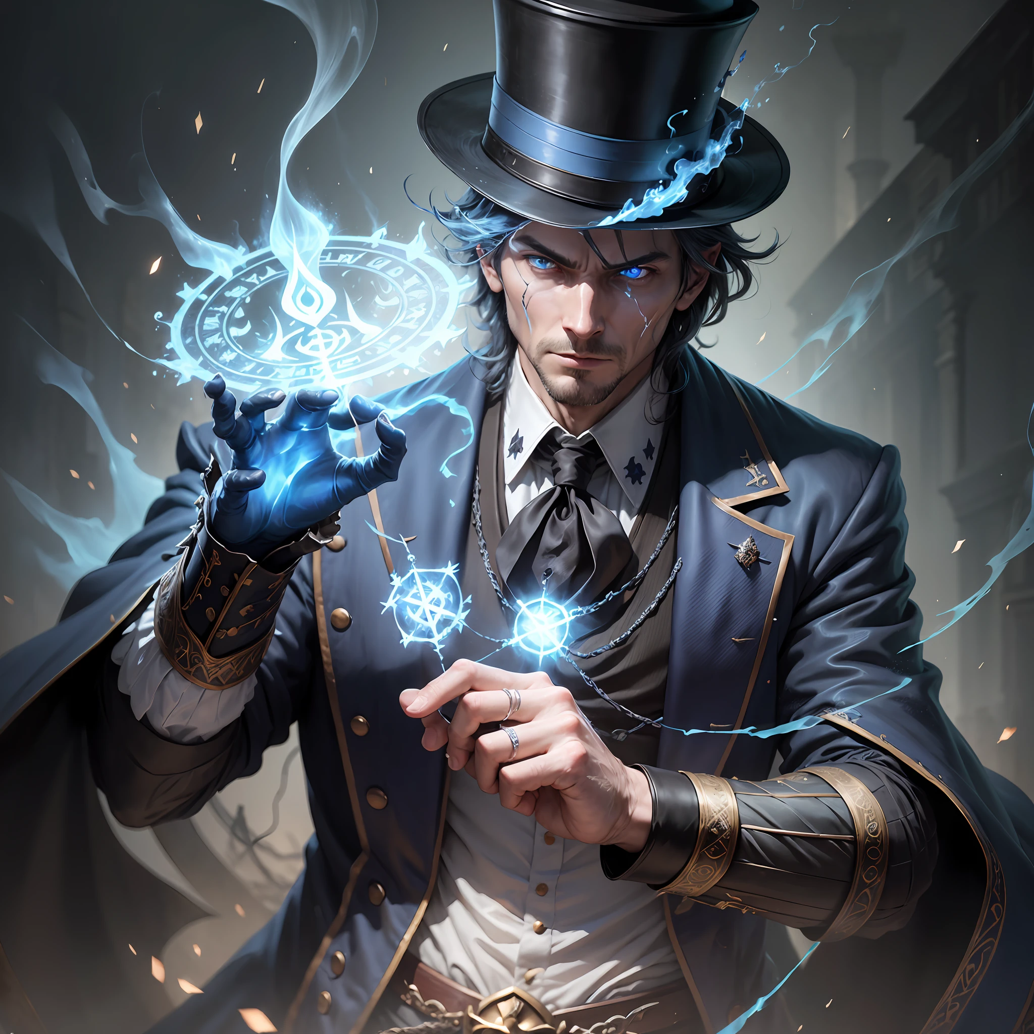 (1man, strong adult male:1.2), gleaming blue eyes, wearing a top hat, looking down, solo, half shot, detailed background with deck suits, detailed face, (V0id3nergy, empty theme:1.1) evil mage, dark tattered black magic robes, holding a deck, determined expression, blue color scheme, dark blue light, summoning circle, dark atmosphere, shadows, realistic lighting, surrounded by blue ray casting spell, summoning, various details with deck symbols, dark, dimly lit (thick melted candles:0.8) --auto --s2