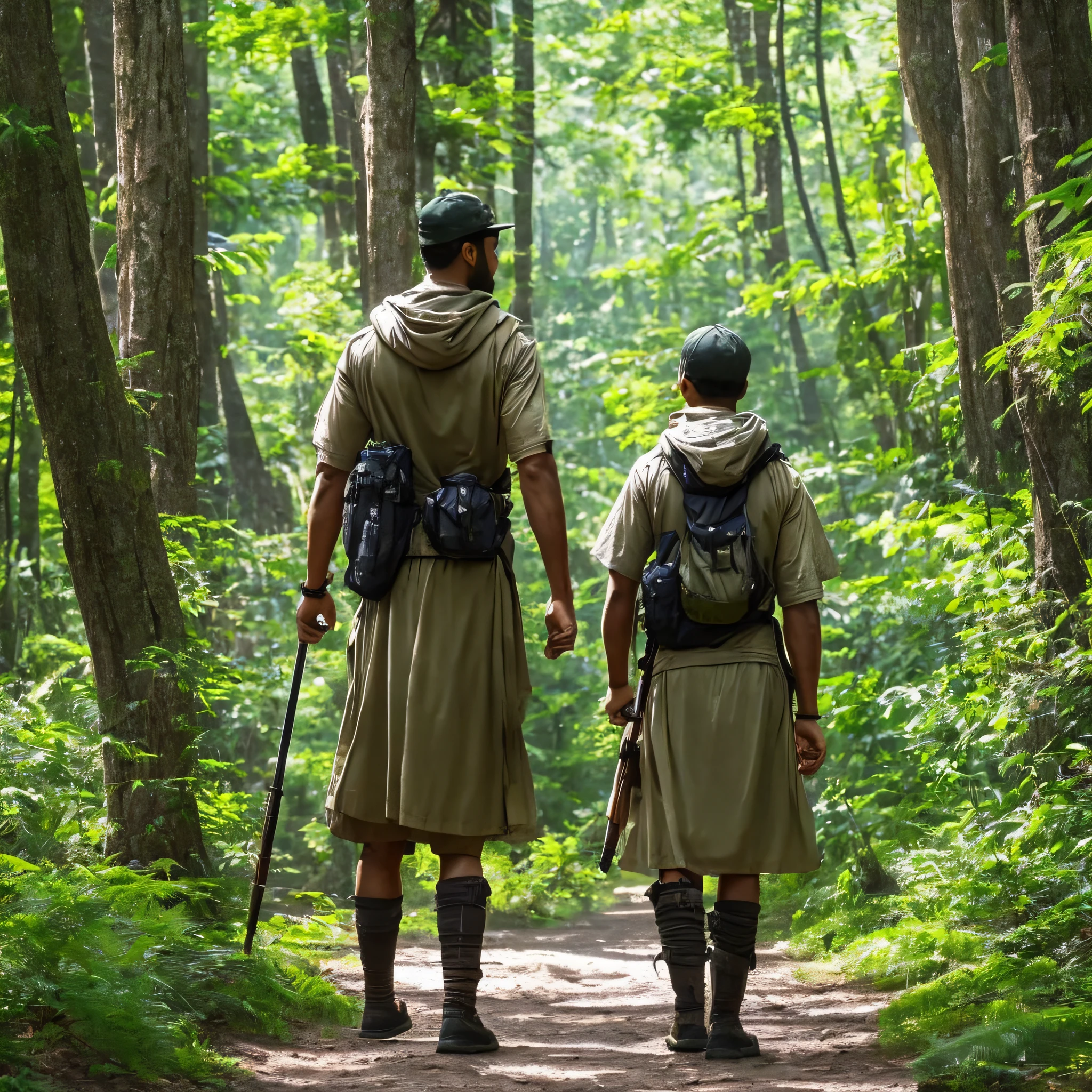The master and his disciple walking along a trail in the lush woods, with tall, dense trees all around, conveying a sense of mystery and serenity. --auto --s2