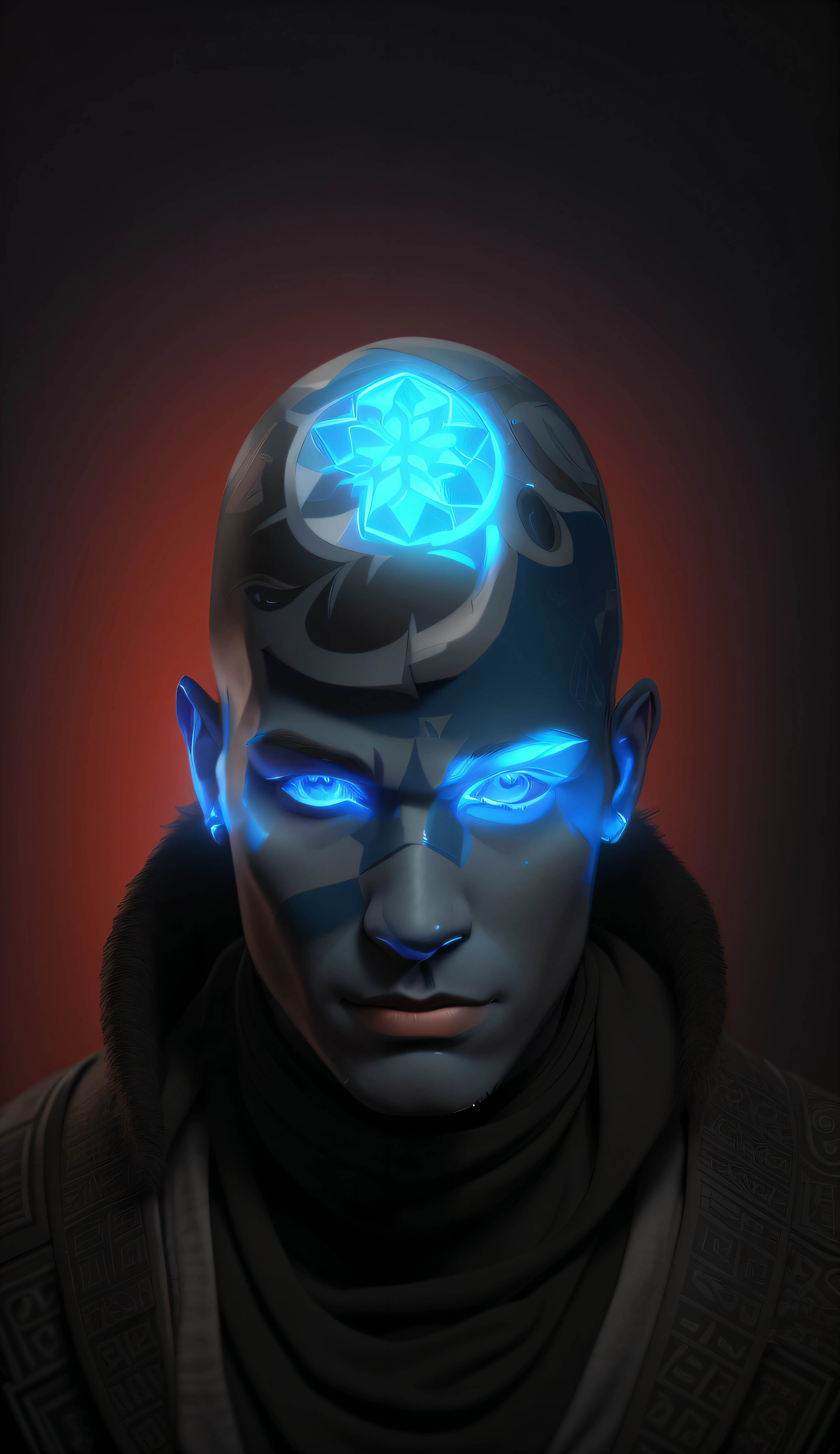 there is a man with a blue face and a tattoo on his head, blue face unreal engine, unreal 5. rpg portrait, video game avatar, symmetry!! portrait of cyborg, 3 d render character art 8 k, with rune tattoos on the face, symmetrical portrait rpg avatar, aetherpunk airbrush digital art, 3 d demo reel avatar, fantasy male portrait --auto --s2